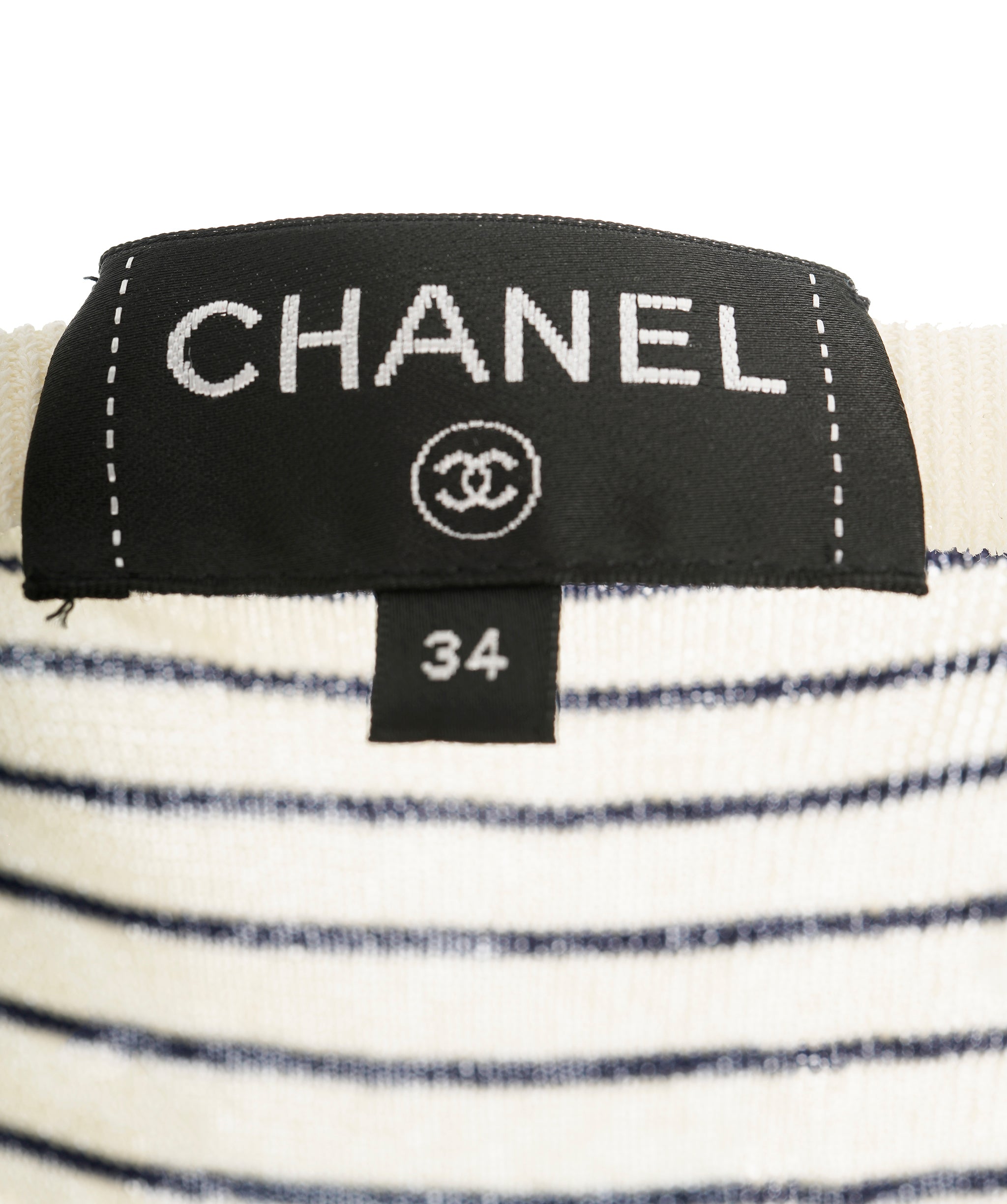 Chanel 17 Cream & Navy Striped Pearl CC Fine Knit Boat Neck Dress ALC1857