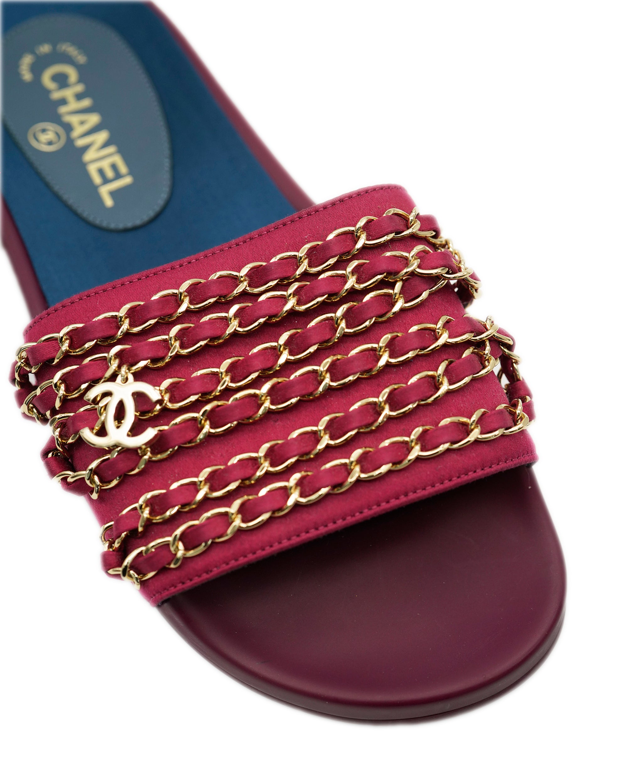 Chanel Red CC Chain Satin Sliders 38 ALC1919