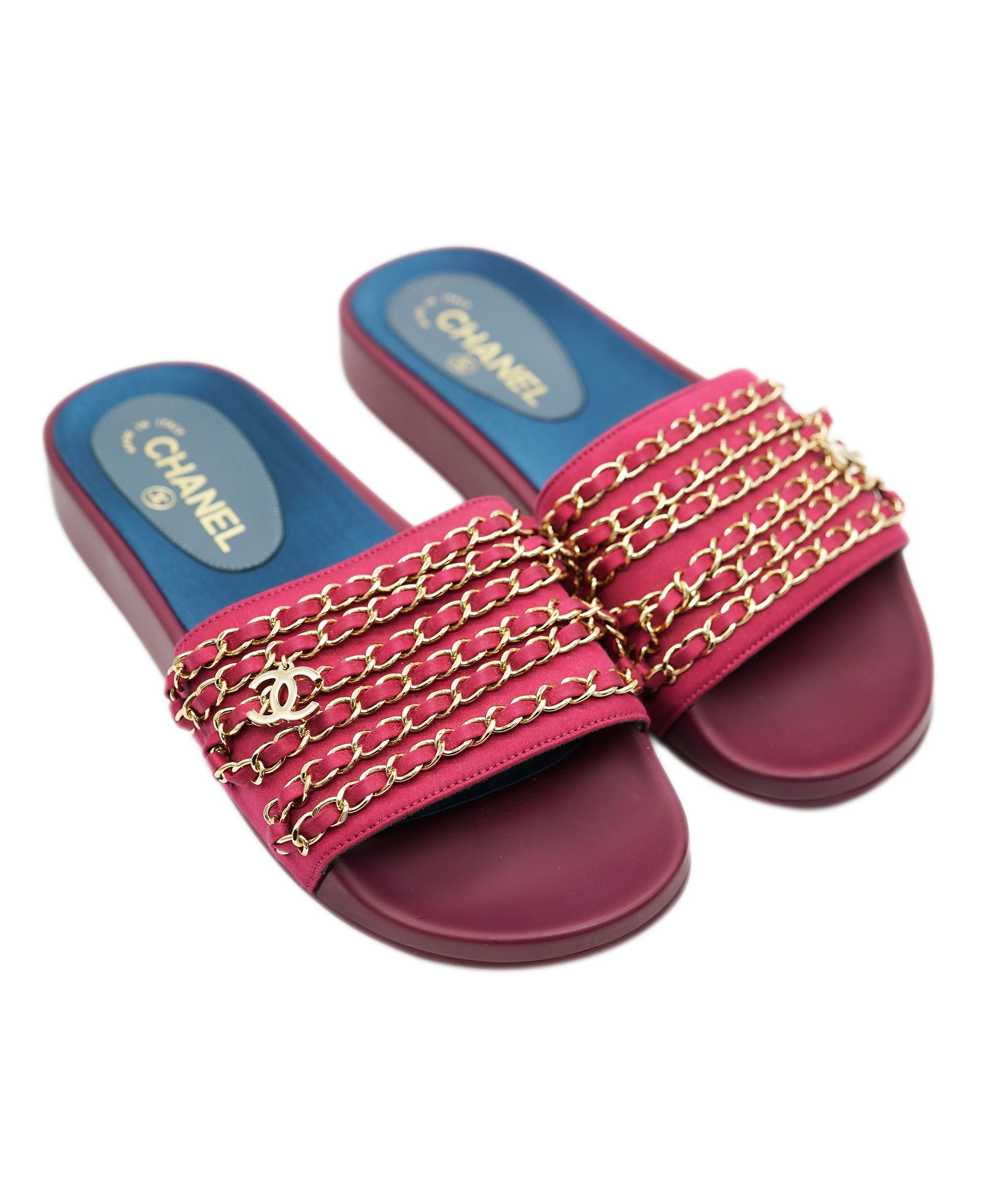 Chanel Red CC Chain Satin Sliders 38 ALC1919