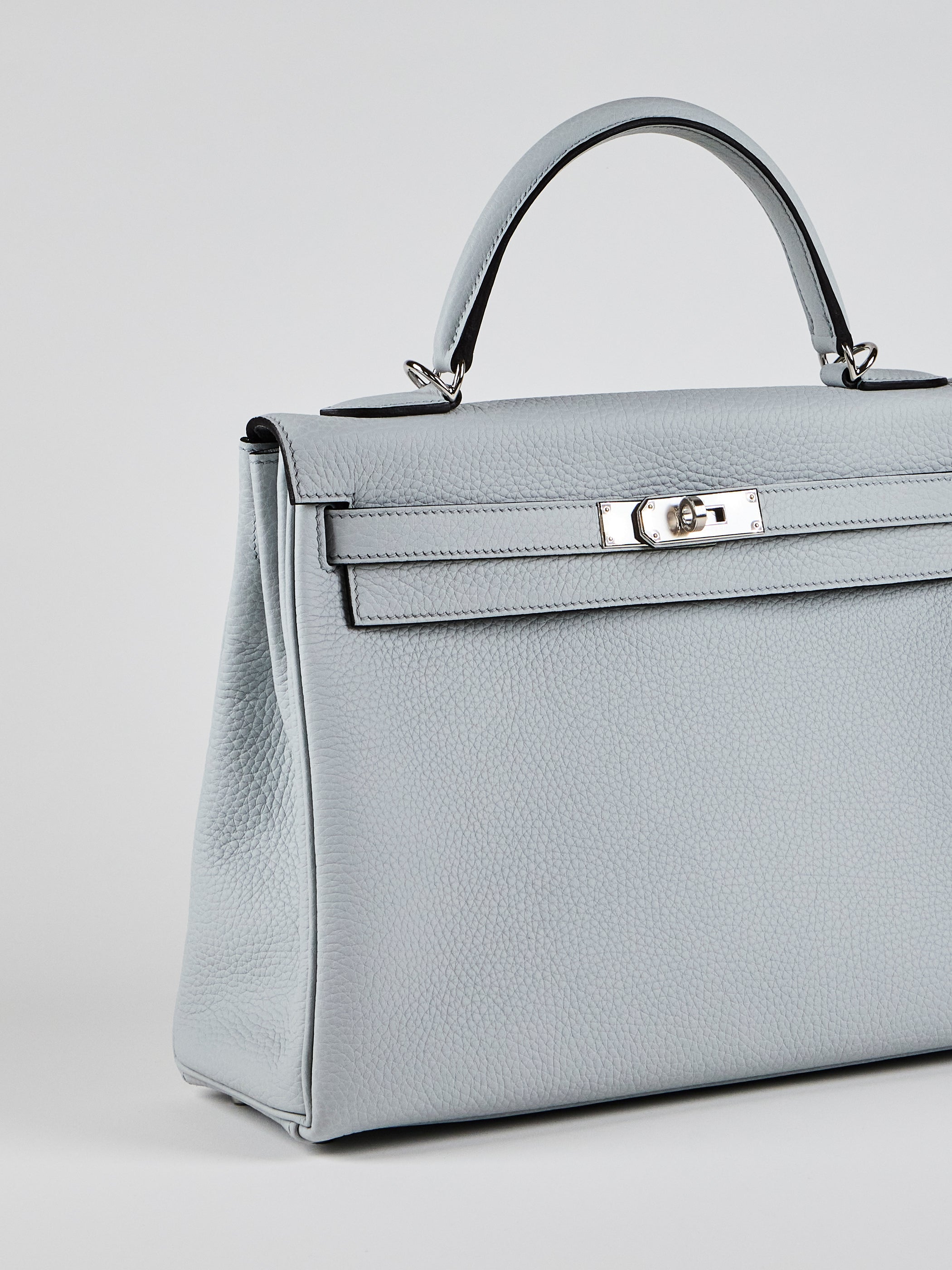 HERMÈS KELLY 32CM BLUE PALE Clemence Leather with Palladium Hardware