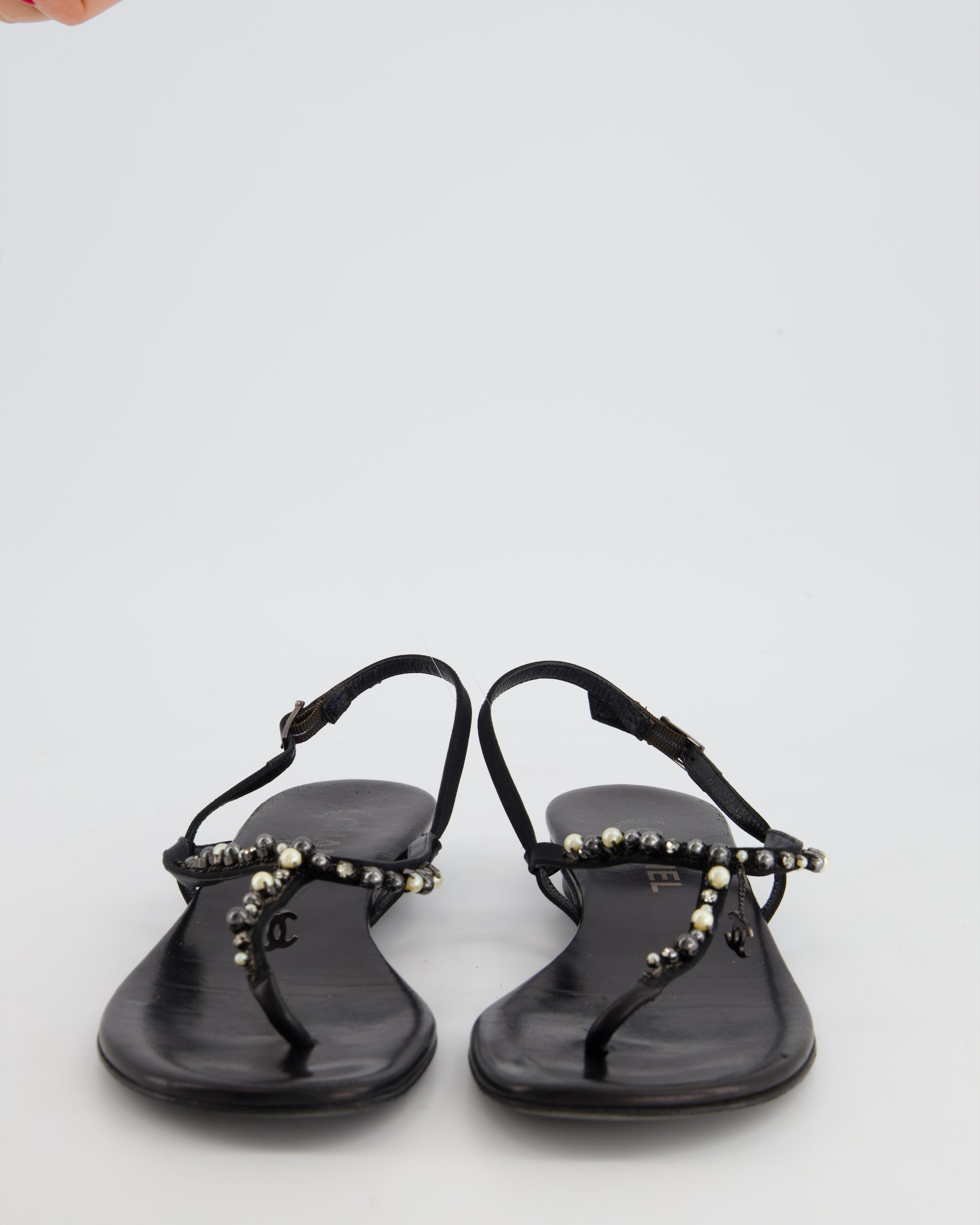 Chanel Black Embellished Leather Ankle Strap Sandals with CC Charm Detail Size EU 41