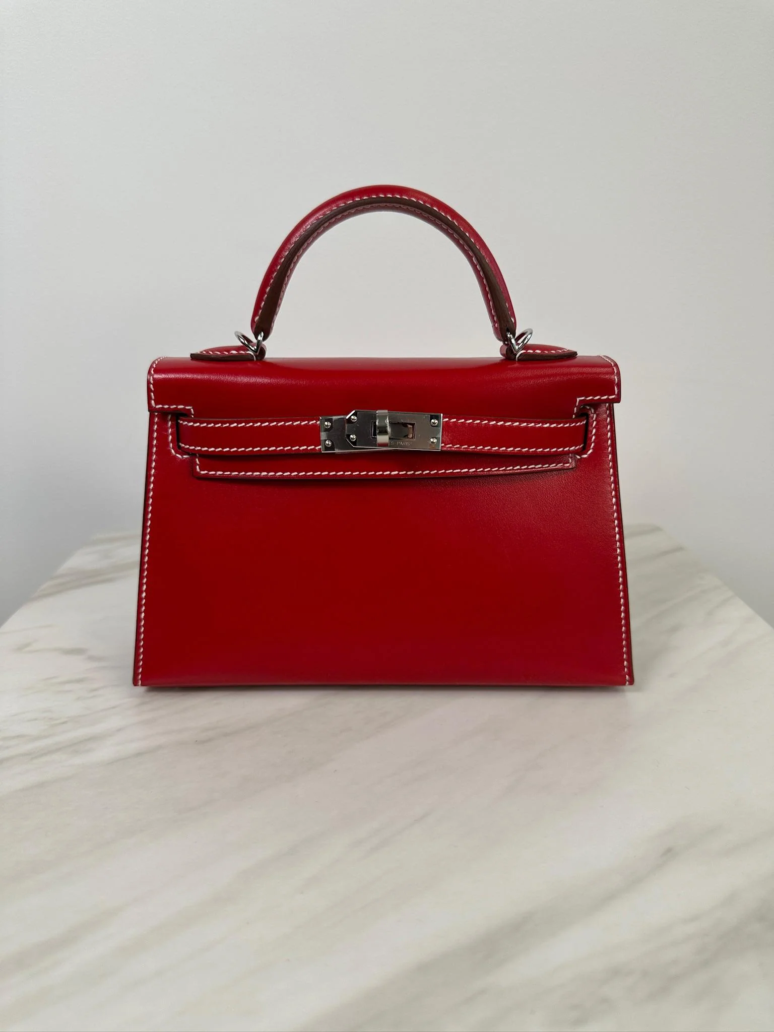 Hermès Mini Kelly Rouge Piment Box Leather Palladium Hardware