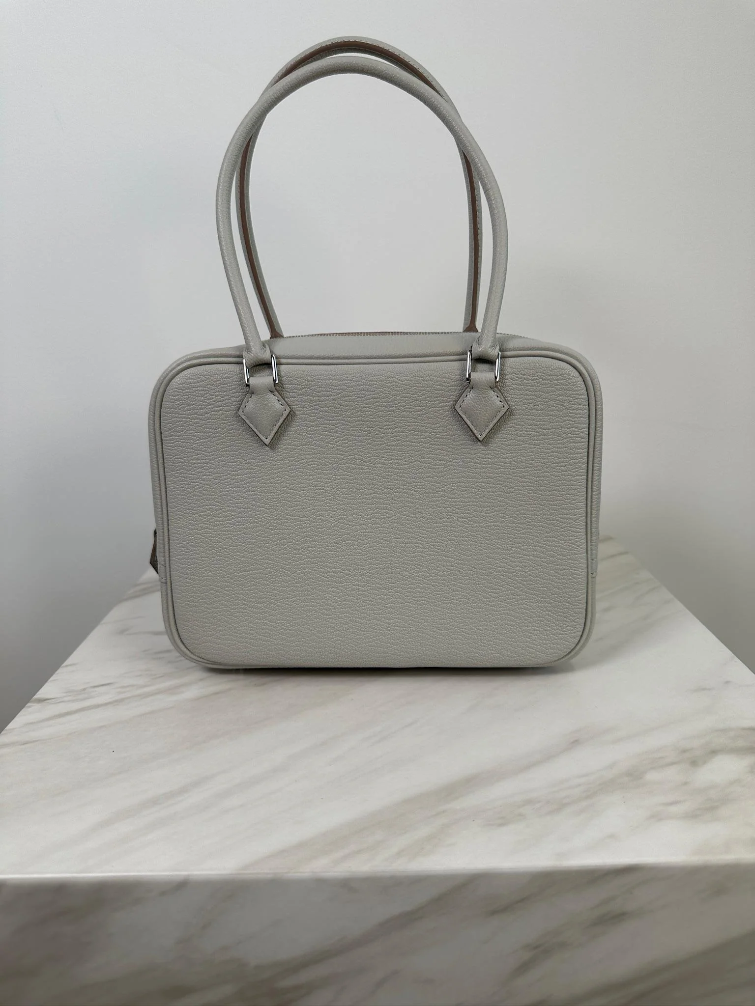 Hermès Mini Plume Chevre Gris Perle Palladium Hardware