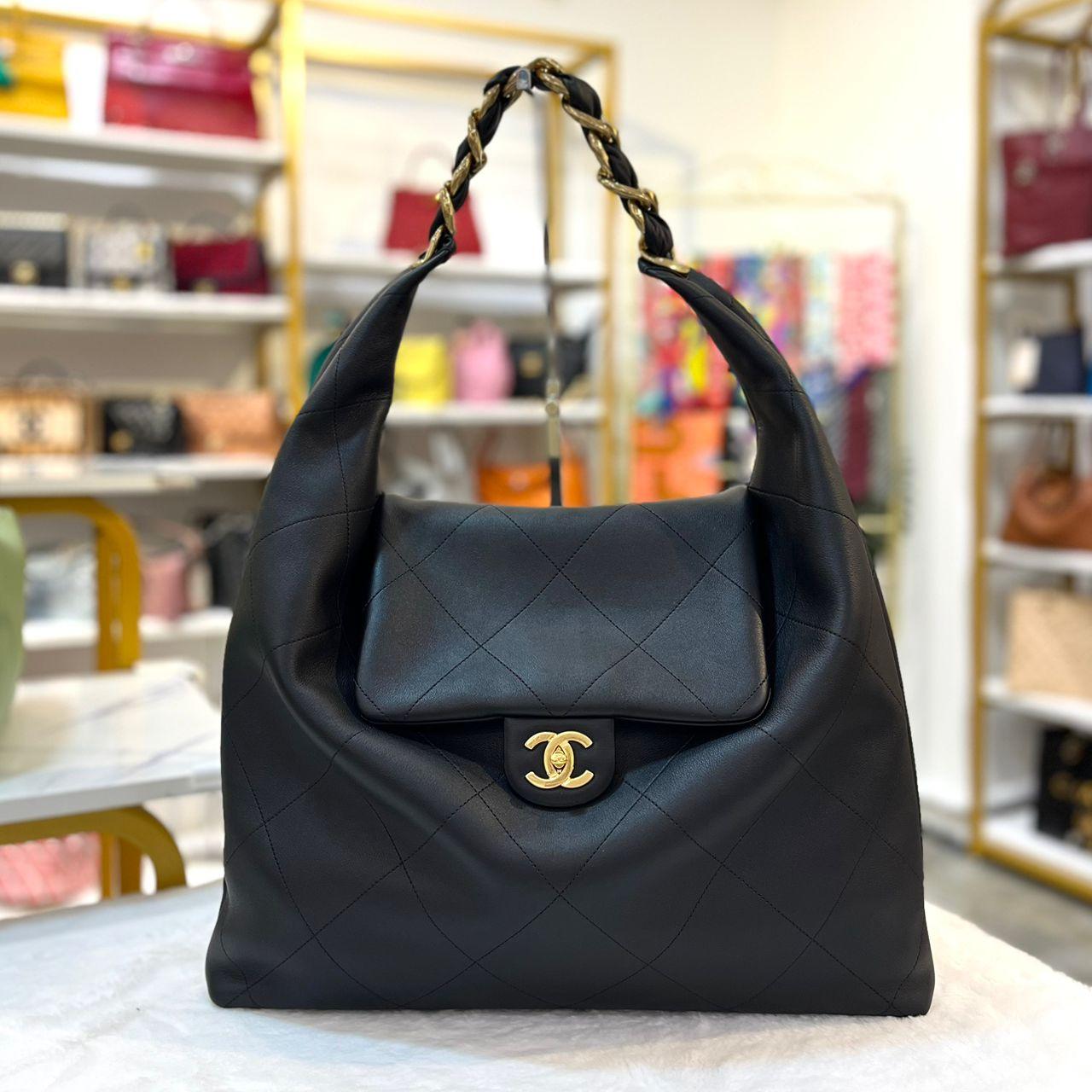 CHANEL BLACK SHINY CALFSKIN LEATHER MAXI HOBO BAG IN GHW SYCHB1415