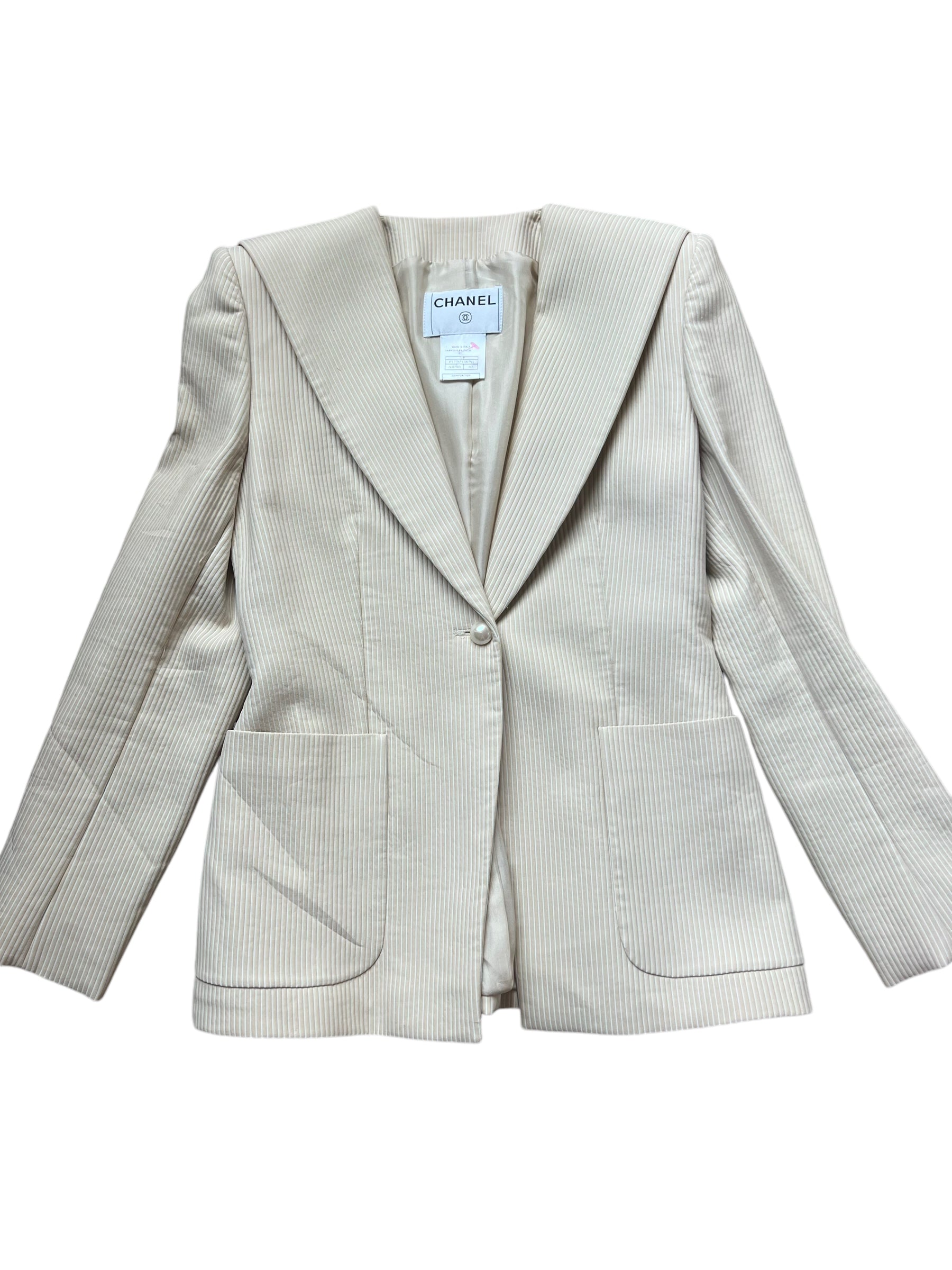 Chanel Beige Pinstripe Suit with Pearl Buttons AVC2146