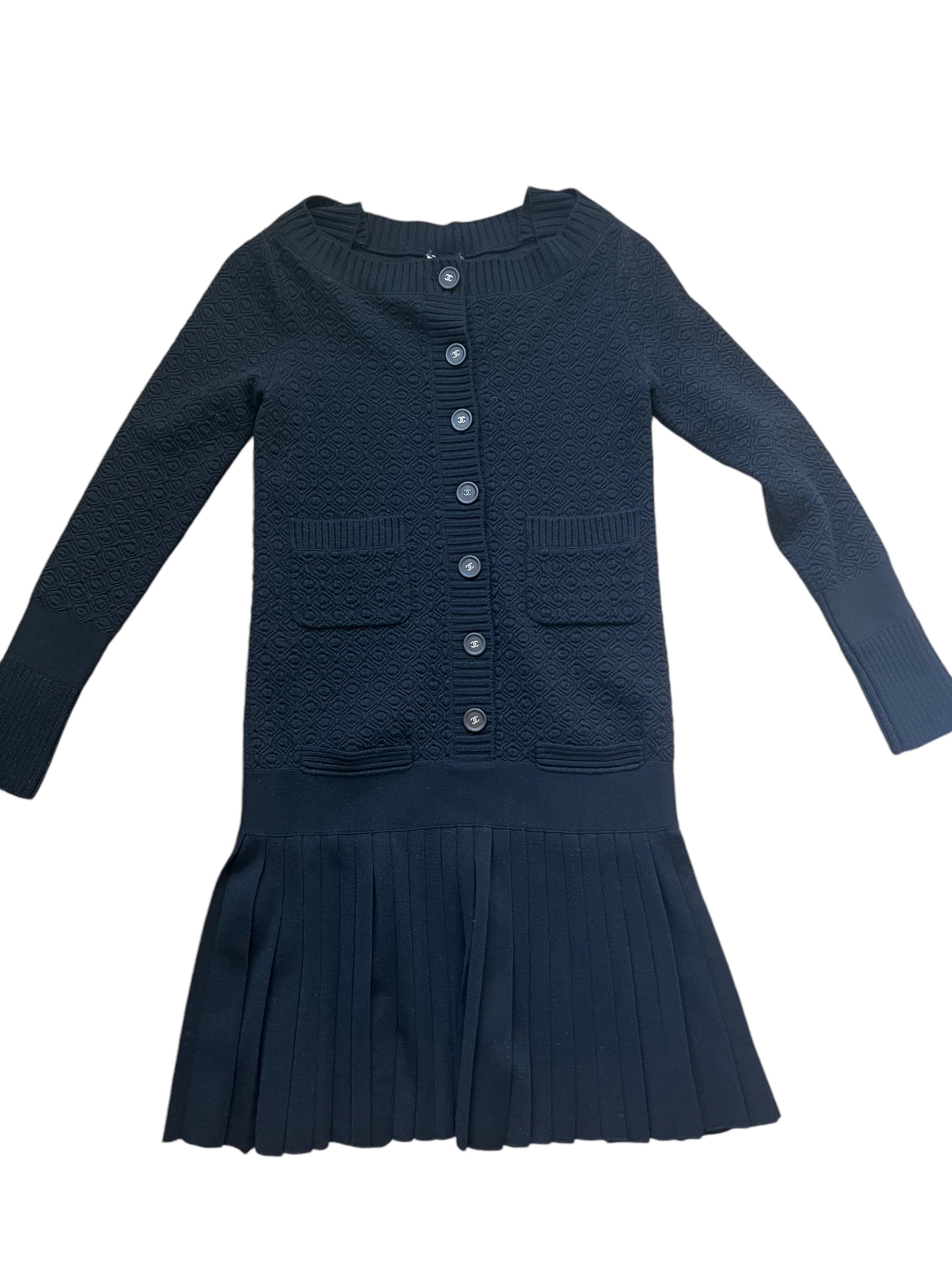 Chanel Black Knit Pleated Dress with CC buttons AVC2145