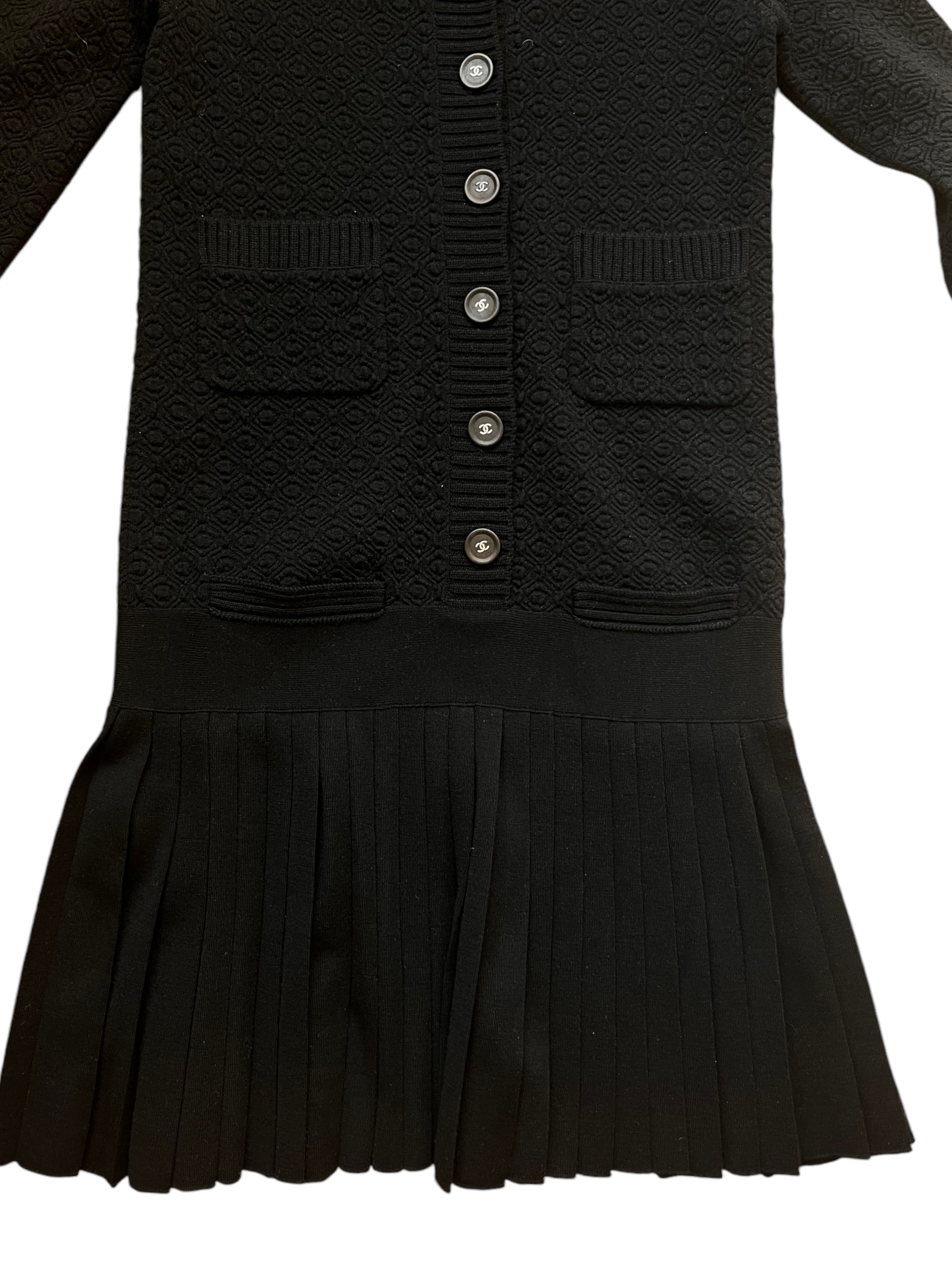 Chanel Black Knit Pleated Dress with CC buttons AVC2145