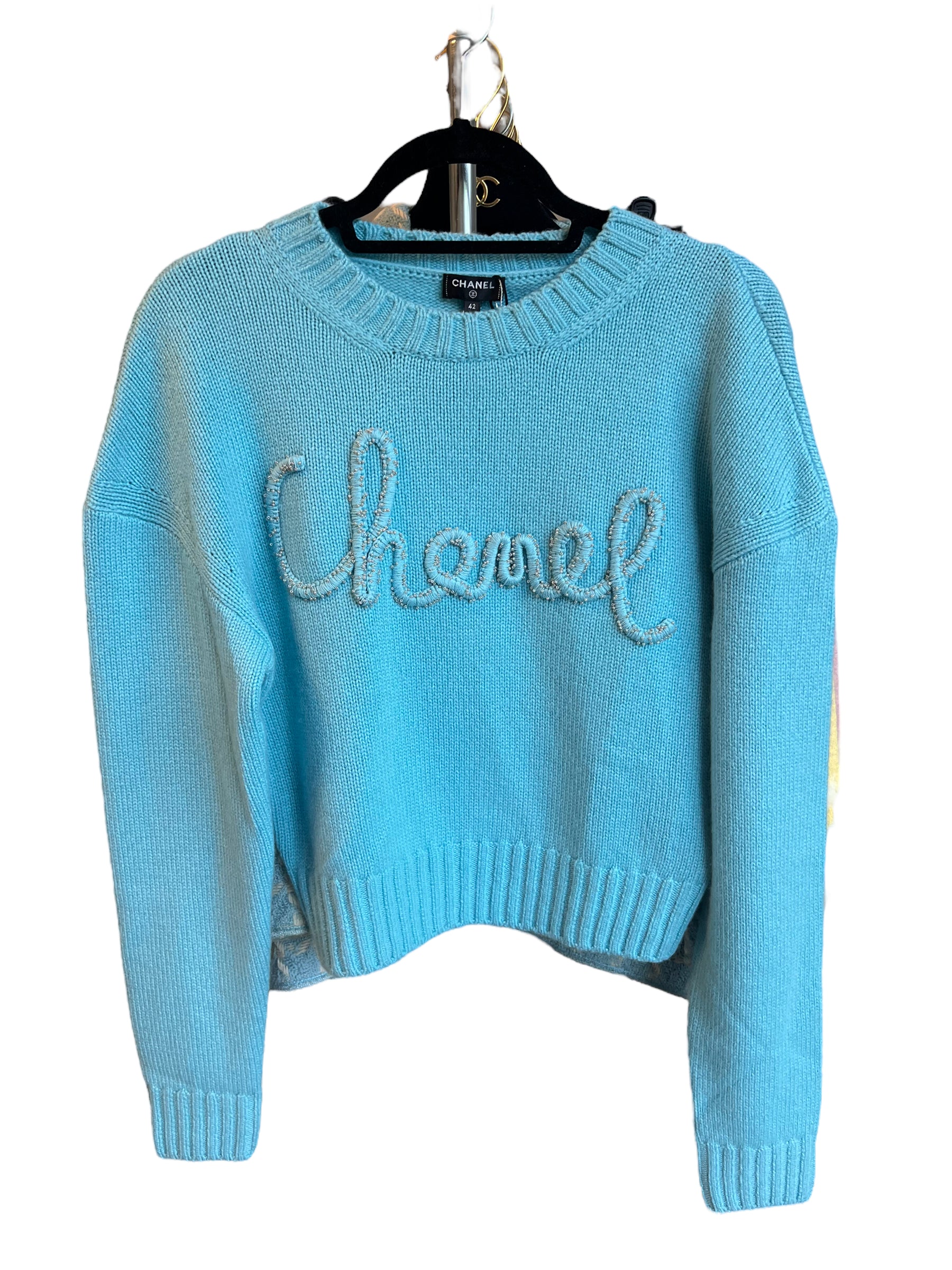 Chanel 2020 Cashmere Blue Sweater "CHANEL" script logo DXBK0036