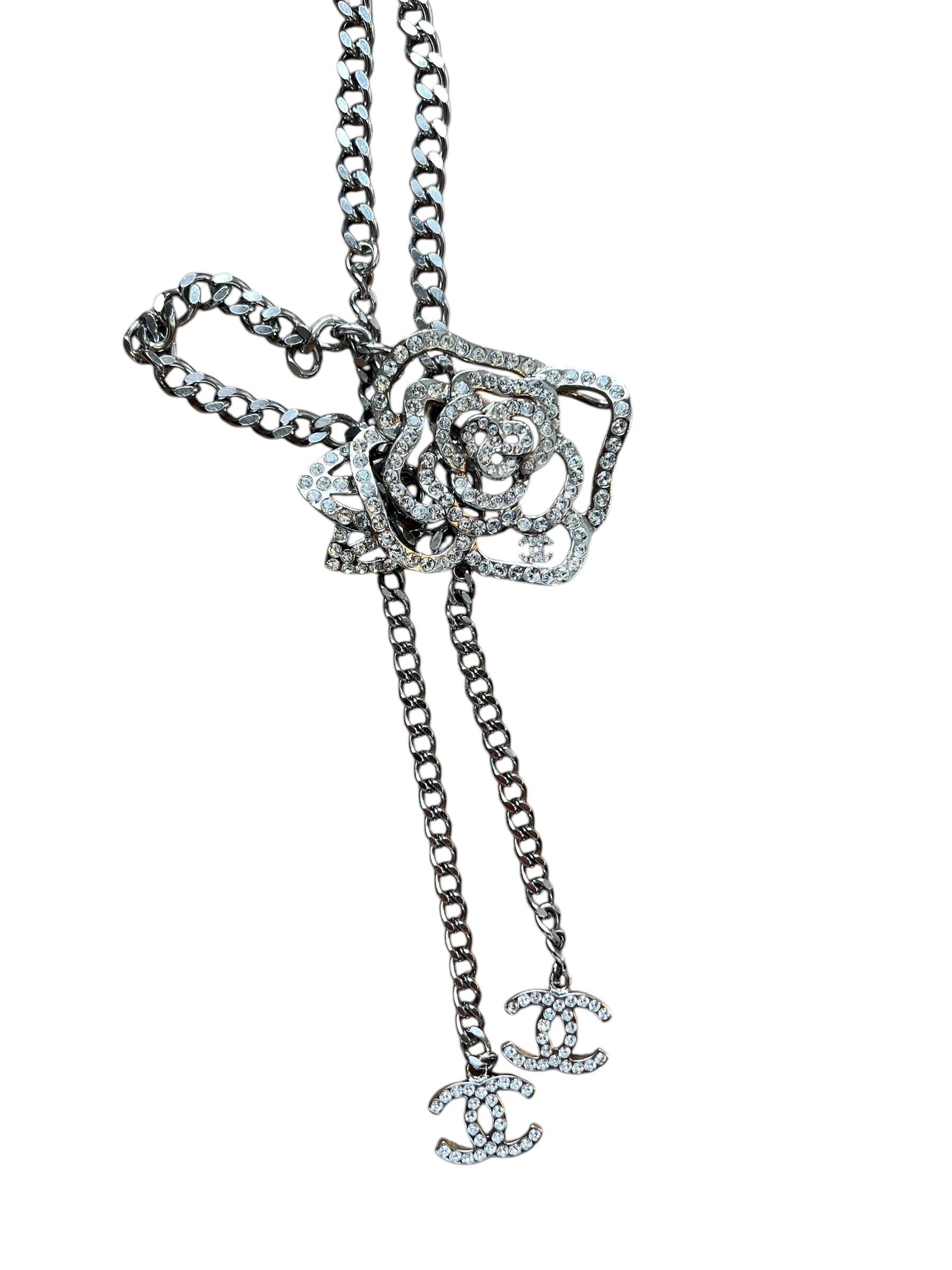 Chanel Silver Rhinestone Camelia Belt/Necklace DXBK0217