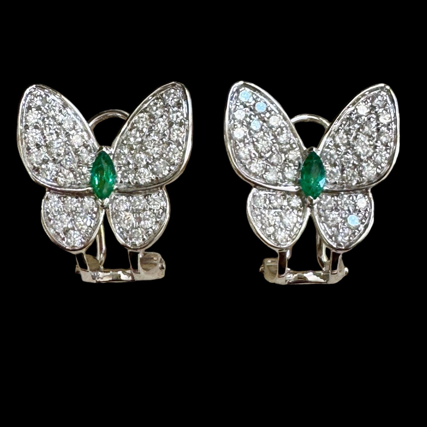 Emerald & Diamond Butterfly Earrings set in 18K White Gold