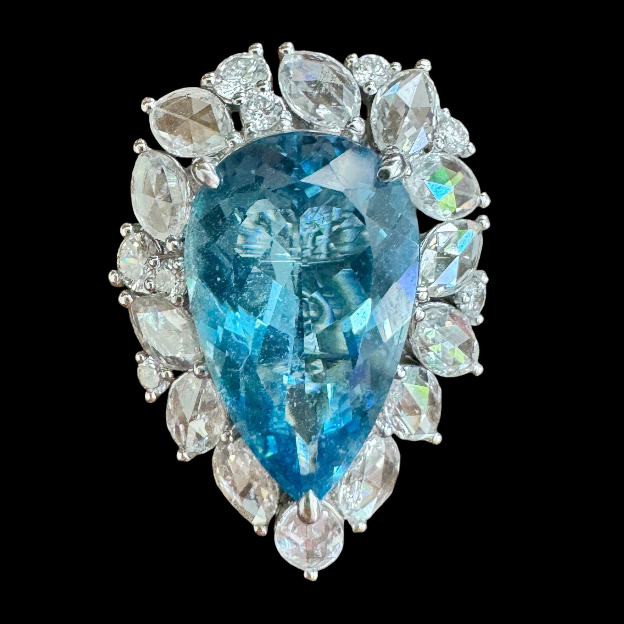 "Santa Maria" Pear Shaped Aquamarine & Natural Diamond Ring set in White Gold