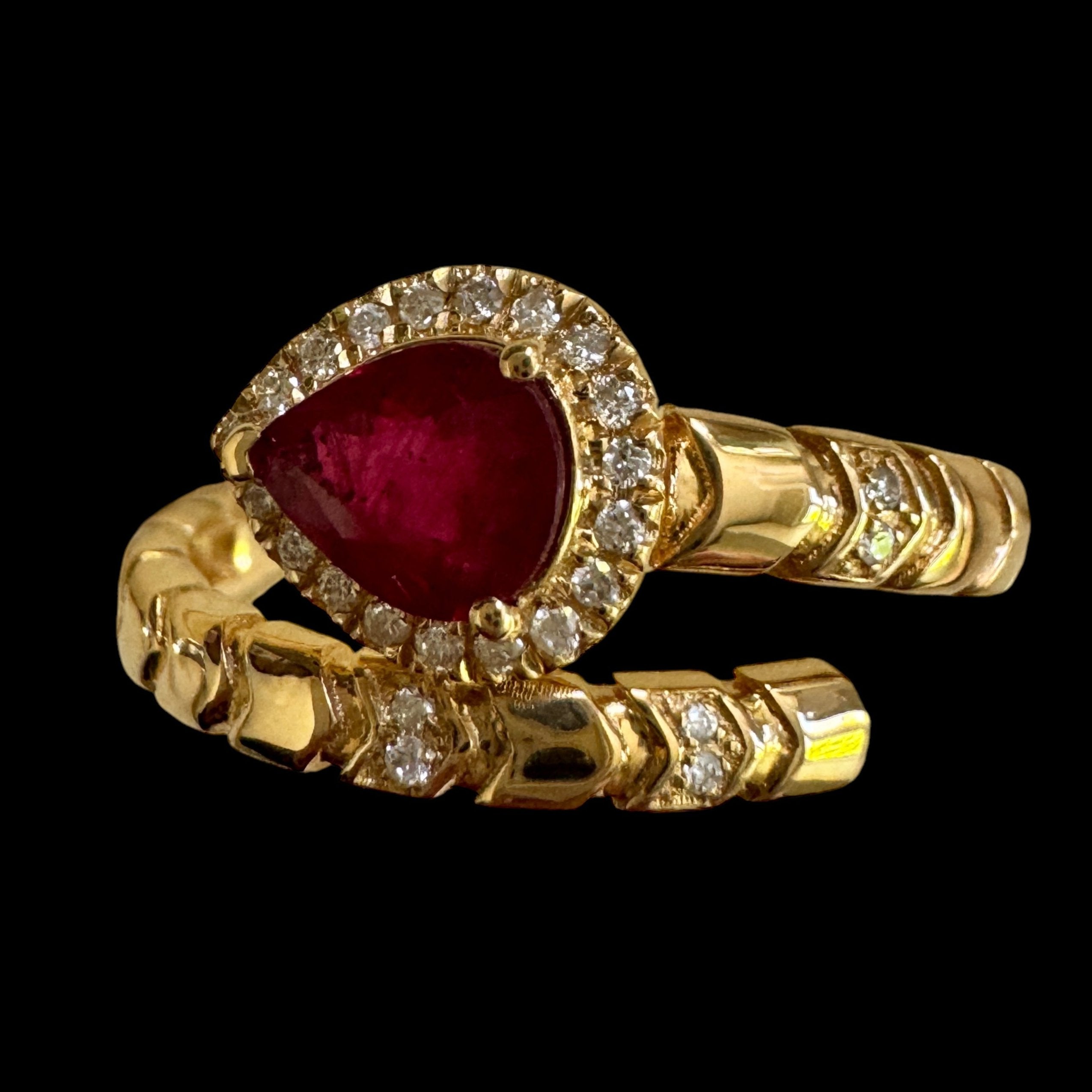 0.75ct Pear Ruby & Diamond Wrap Ring set in 18K Yellow Gold