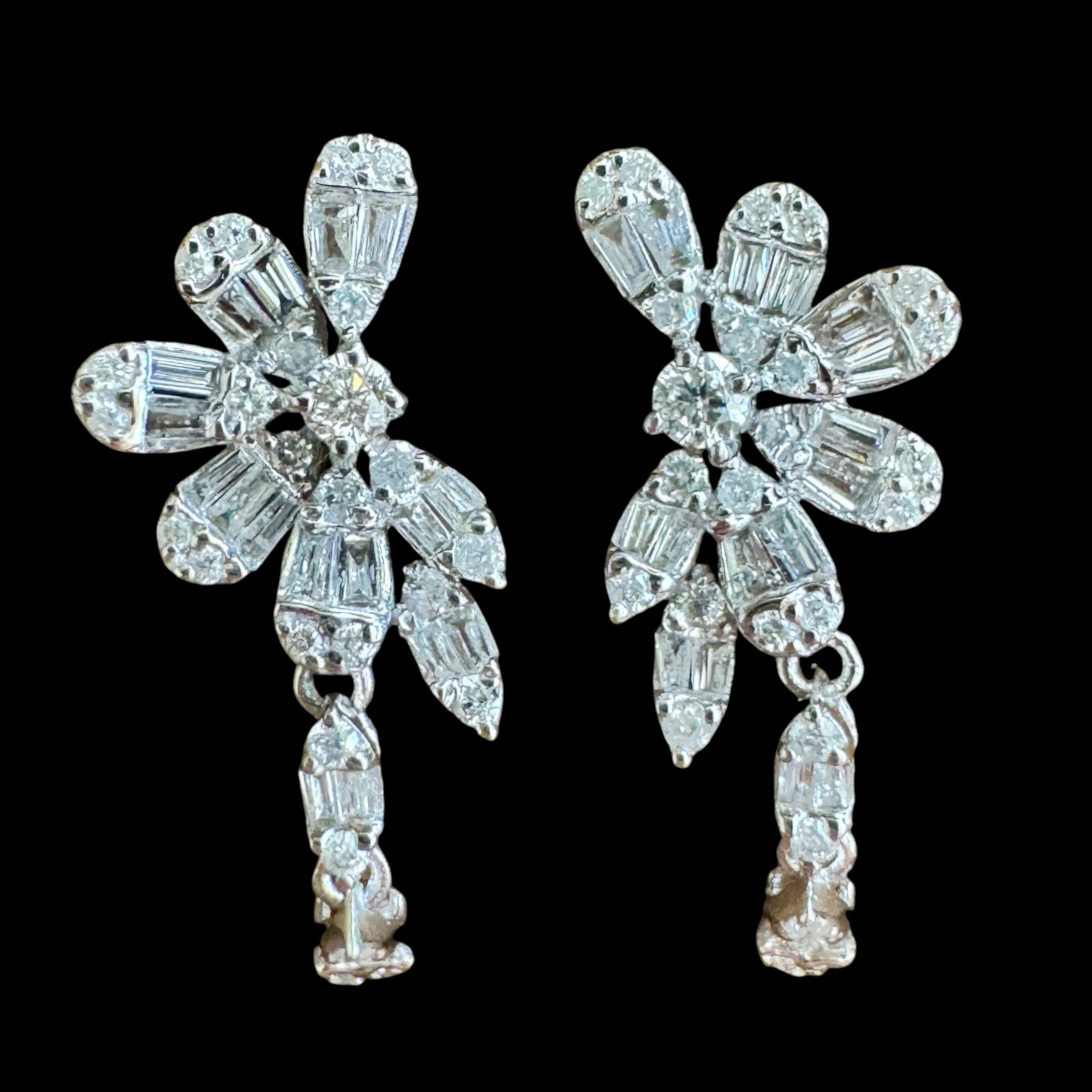 Flower Drop Diamond Stud Earrings set in 18K White Gold