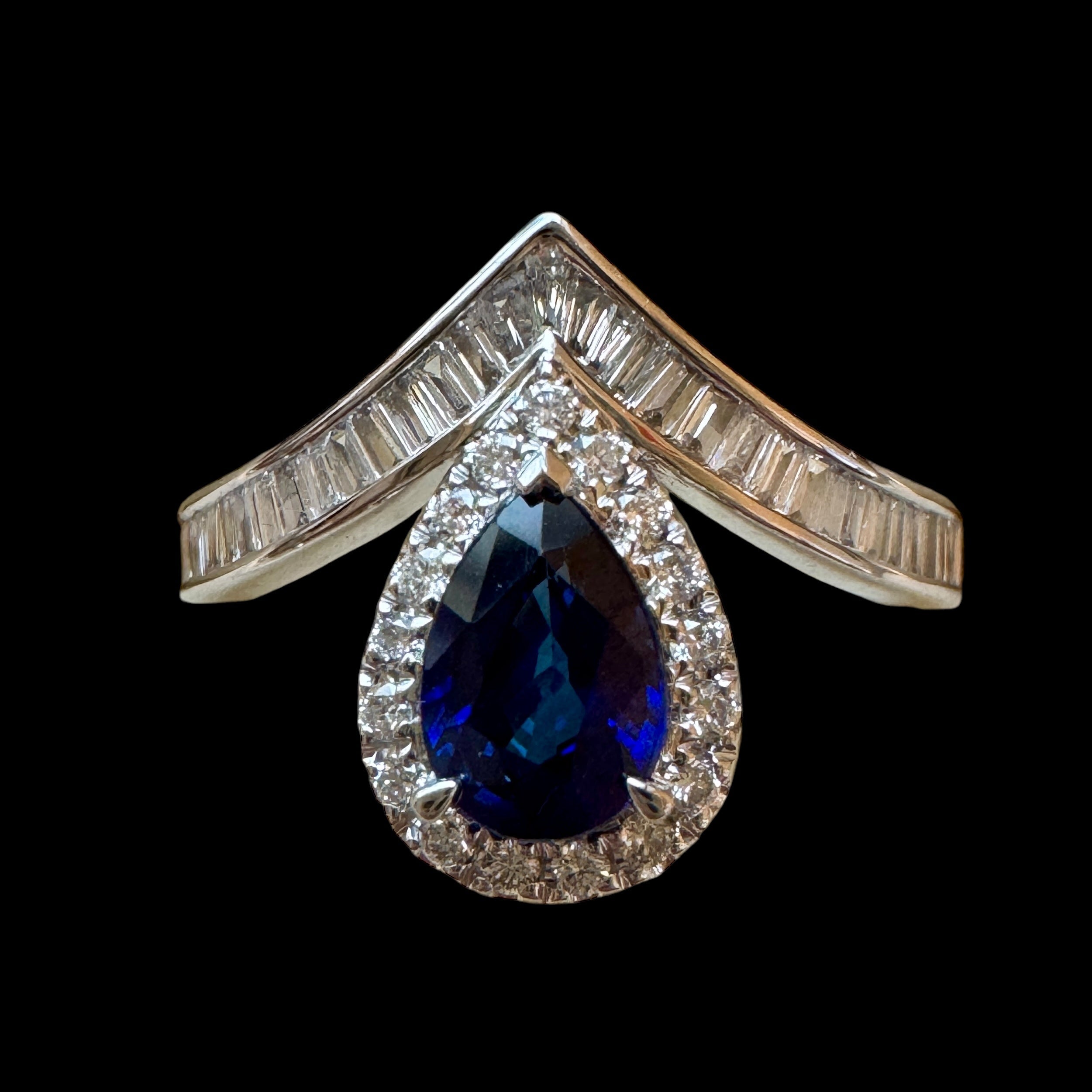 "Royal Blue" Pear Sapphire & Diamond Ring set in 18K White Gold