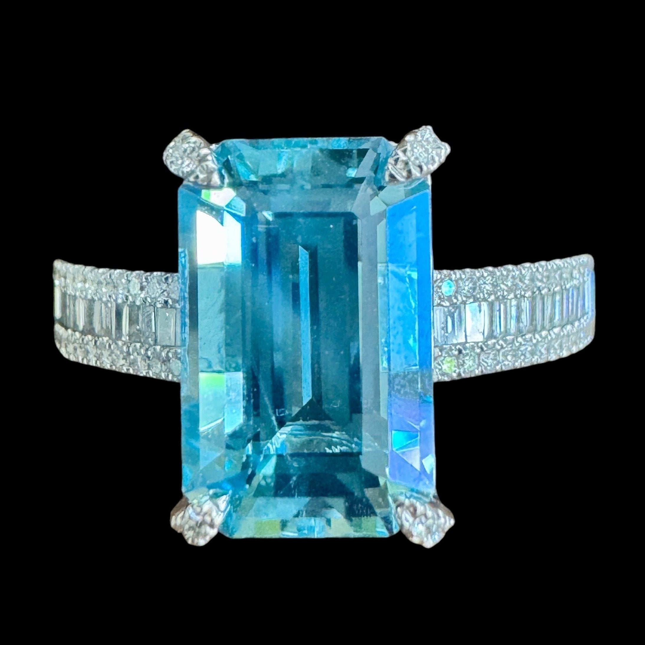 "Santa Maria" Emerald Cut  Aquamarine & Diamond Ring set in 18K White Gold