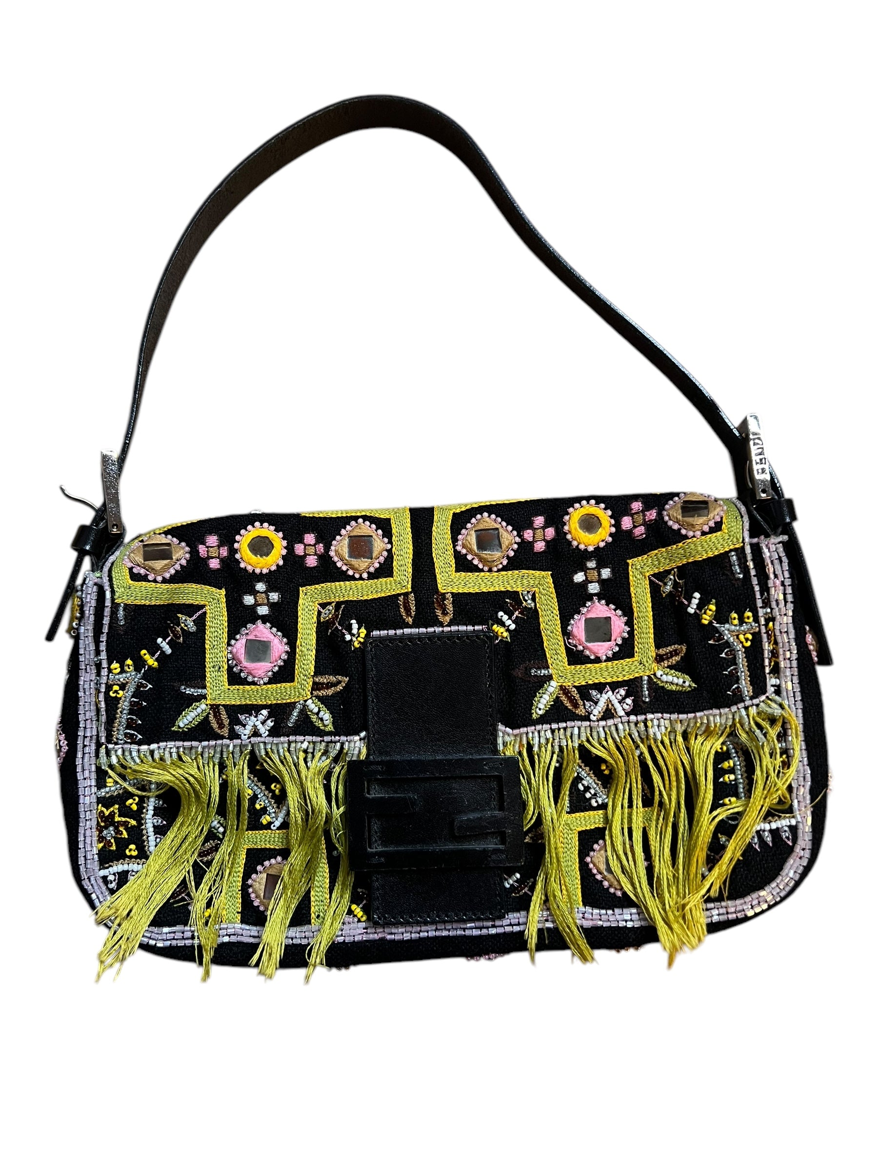 Vintage Fendi Black MIrror/Fringe Embroidered Baguette DXBK0064