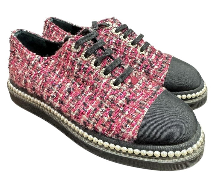 16. Chanel Tweed Low-Cut Sneakers Sequins Pearls Pink - 39