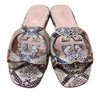 36. Gucci Calfskin Python Print G Cut Out Slide Sandals - 36