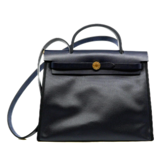 78. Hermes Herbag Zip PM 31 Toile H Berline Vache Hunter Navy Ecru B Stamp