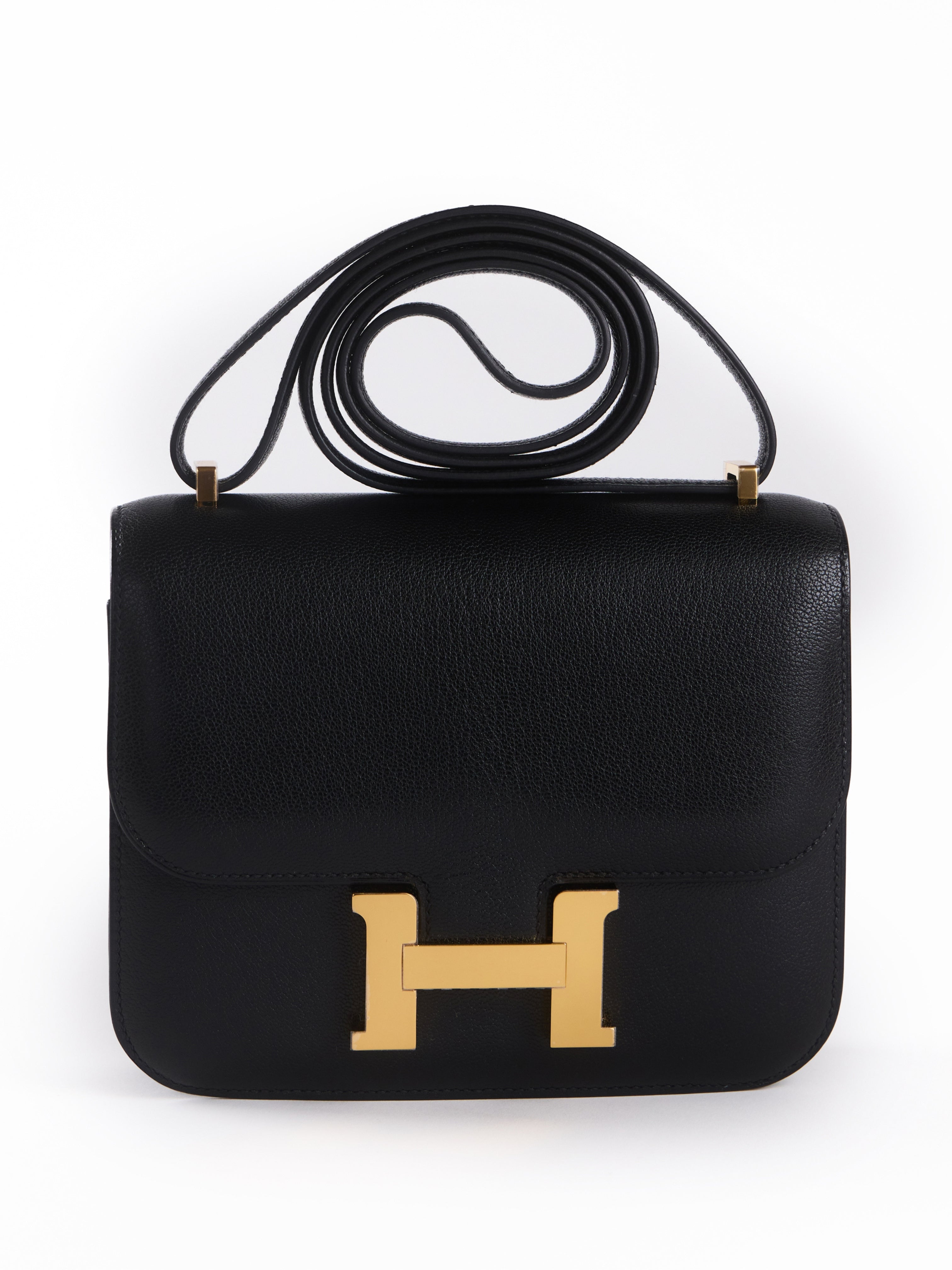 HERMÈS CONSTANCE 18CM BLACK Chevre Leather with Gold Hardware