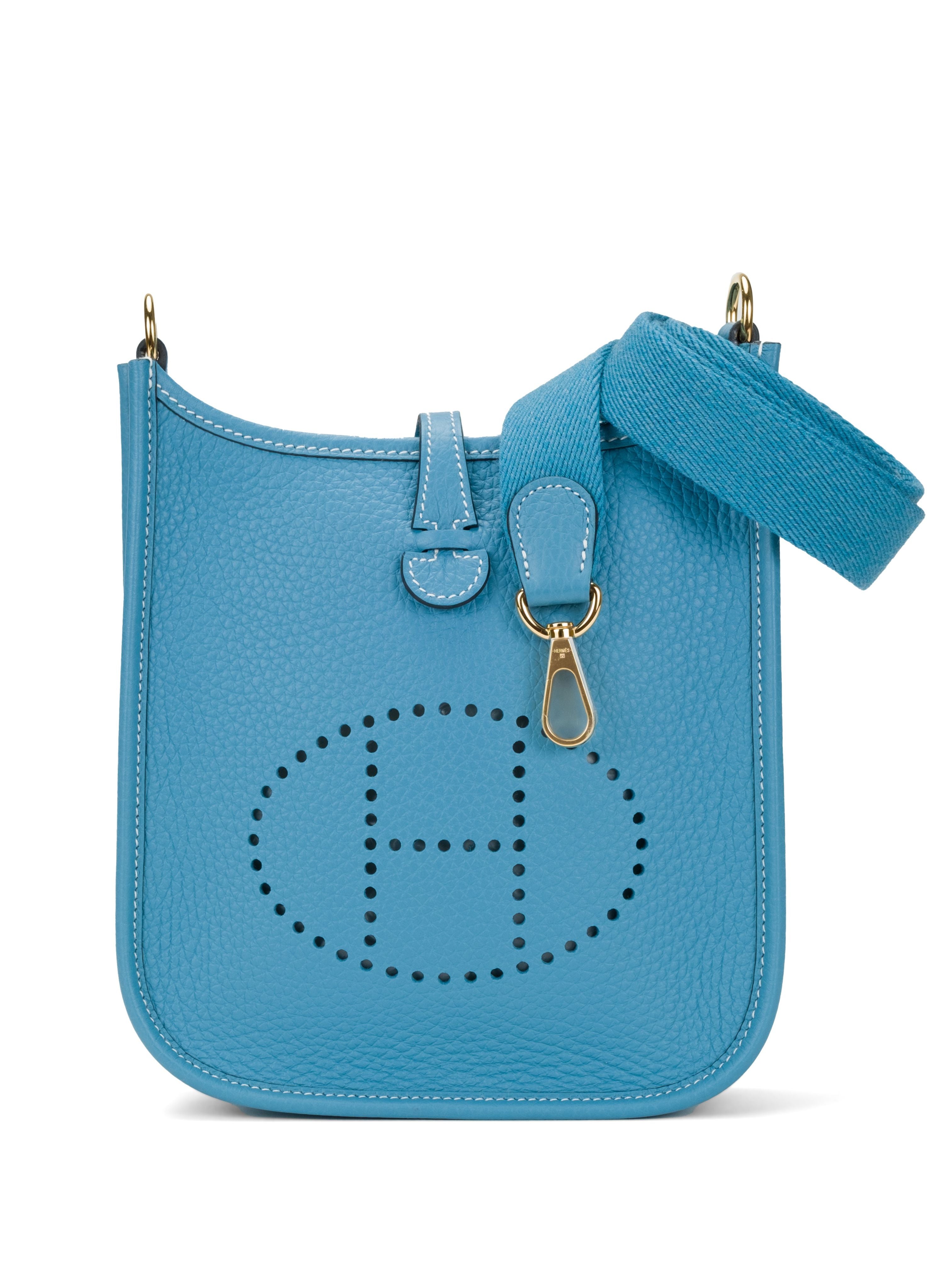 HERMÈS MINI EVELYNE TPM BLUE JEAN Clemence Leather with Gold Hardware