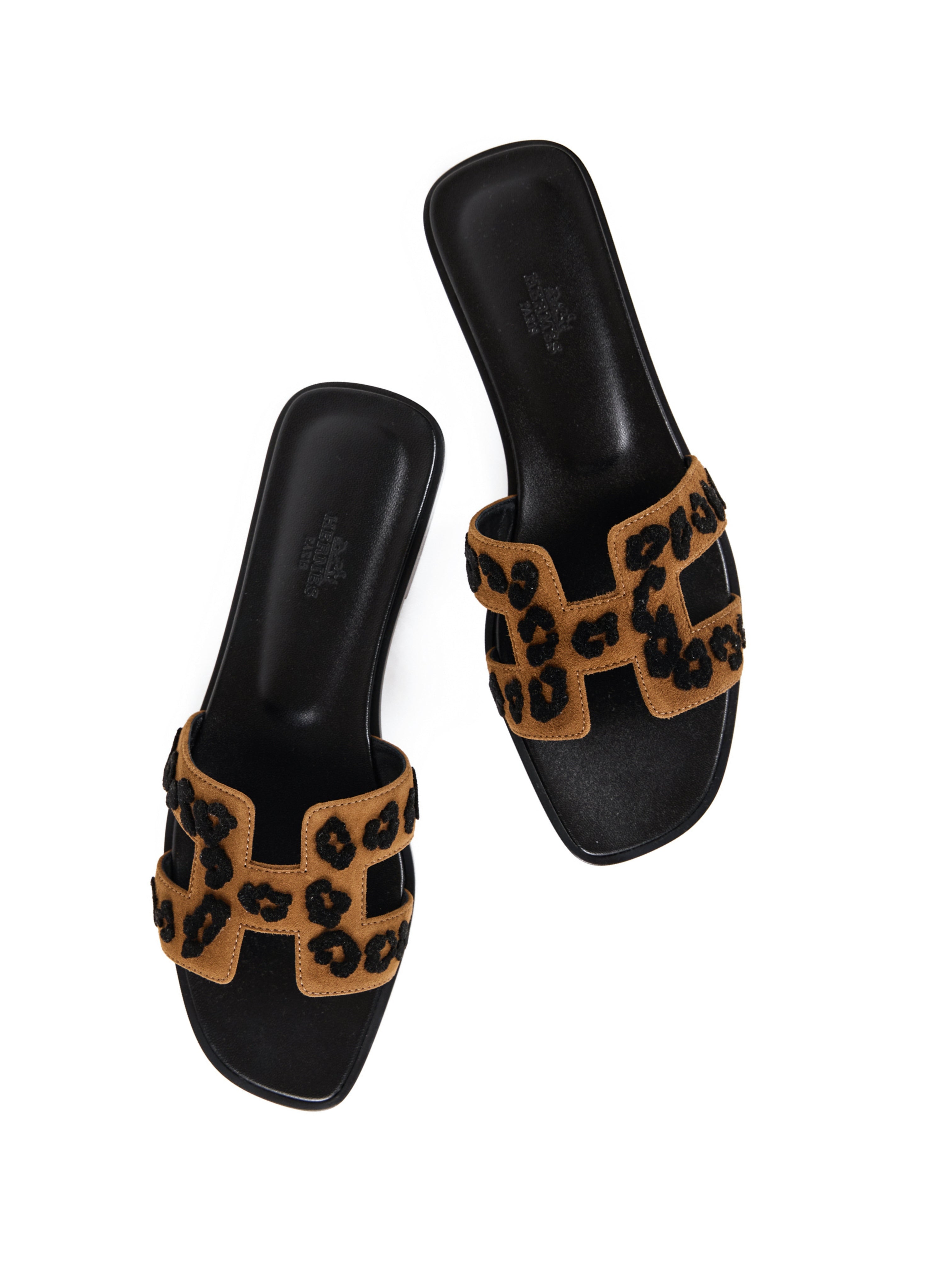 HERMÈS ORAN SANDAL BRUN FUME & NOIR LEOPARD Tuffed Suede - Size 39