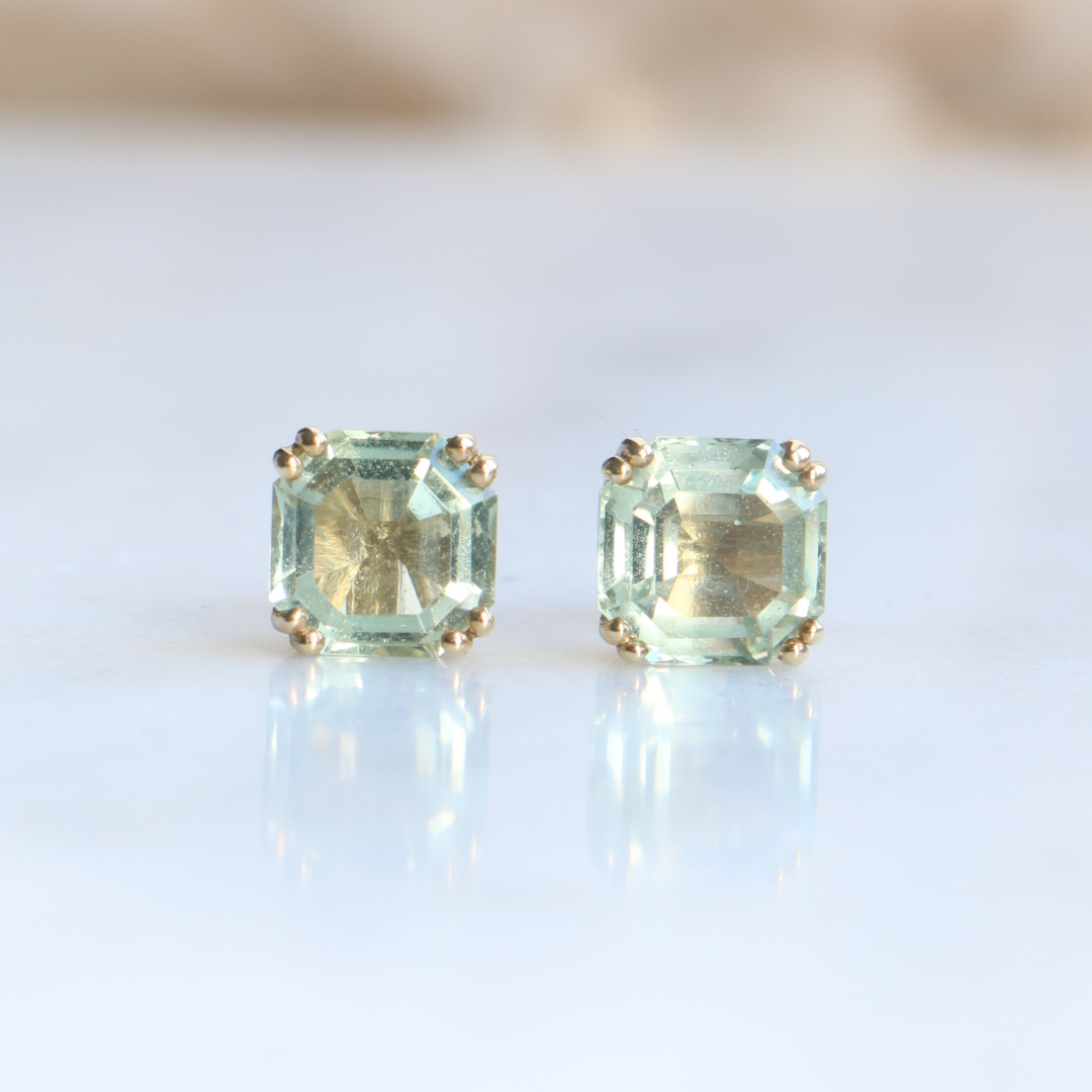 9ct Gold Asscher Cut Green Quartz Earrings