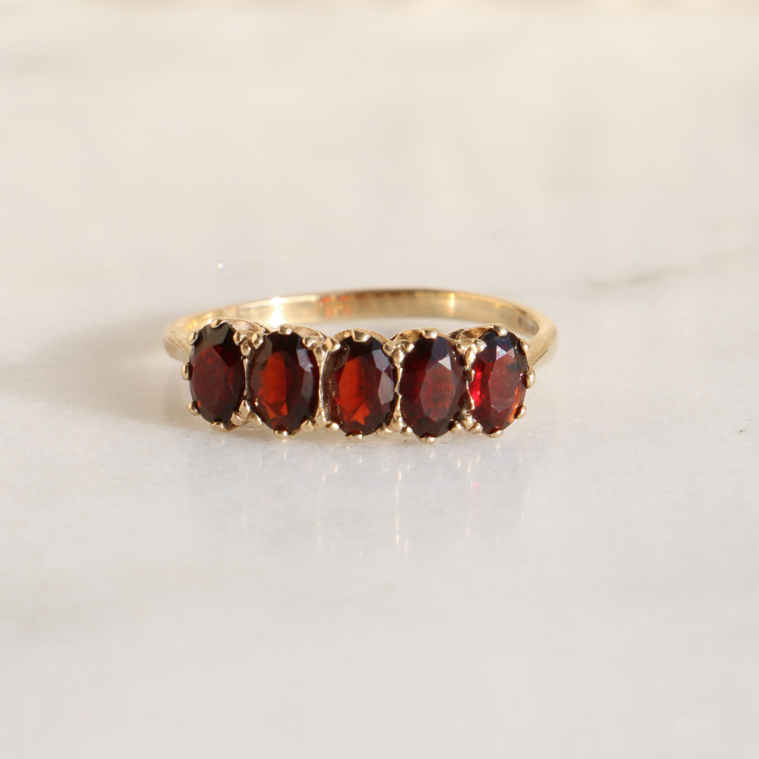 9ct Gold Vintage Five Stone Garnet Ring