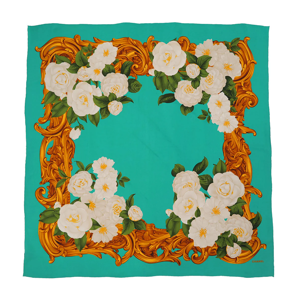 VINTAGE CHANEL CAMELLIA SCARF EMERALD GREEN SILK 90323162