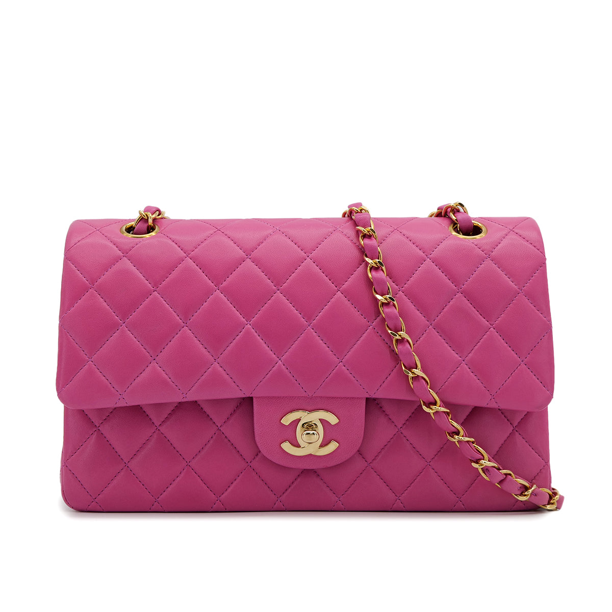VINTAGE CHANEL CLASSIC FLAP MEDIUM CHAIN SHOULDER BAG PINK LAMB SKIN GOLD HARDWARE 90321630