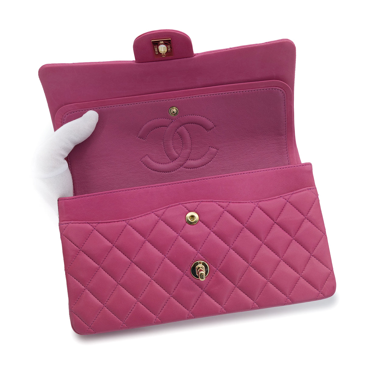 VINTAGE CHANEL CLASSIC FLAP MEDIUM CHAIN SHOULDER BAG PINK LAMB SKIN GOLD HARDWARE 90321630