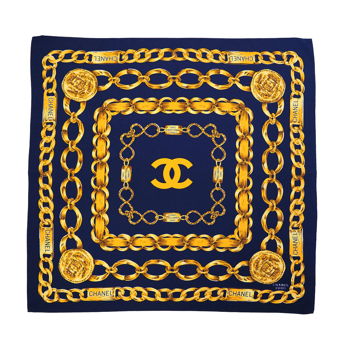 VINTAGE CHANEL COCOMARK CHAIN PATTERN SCARF NAVY SILK 90323165