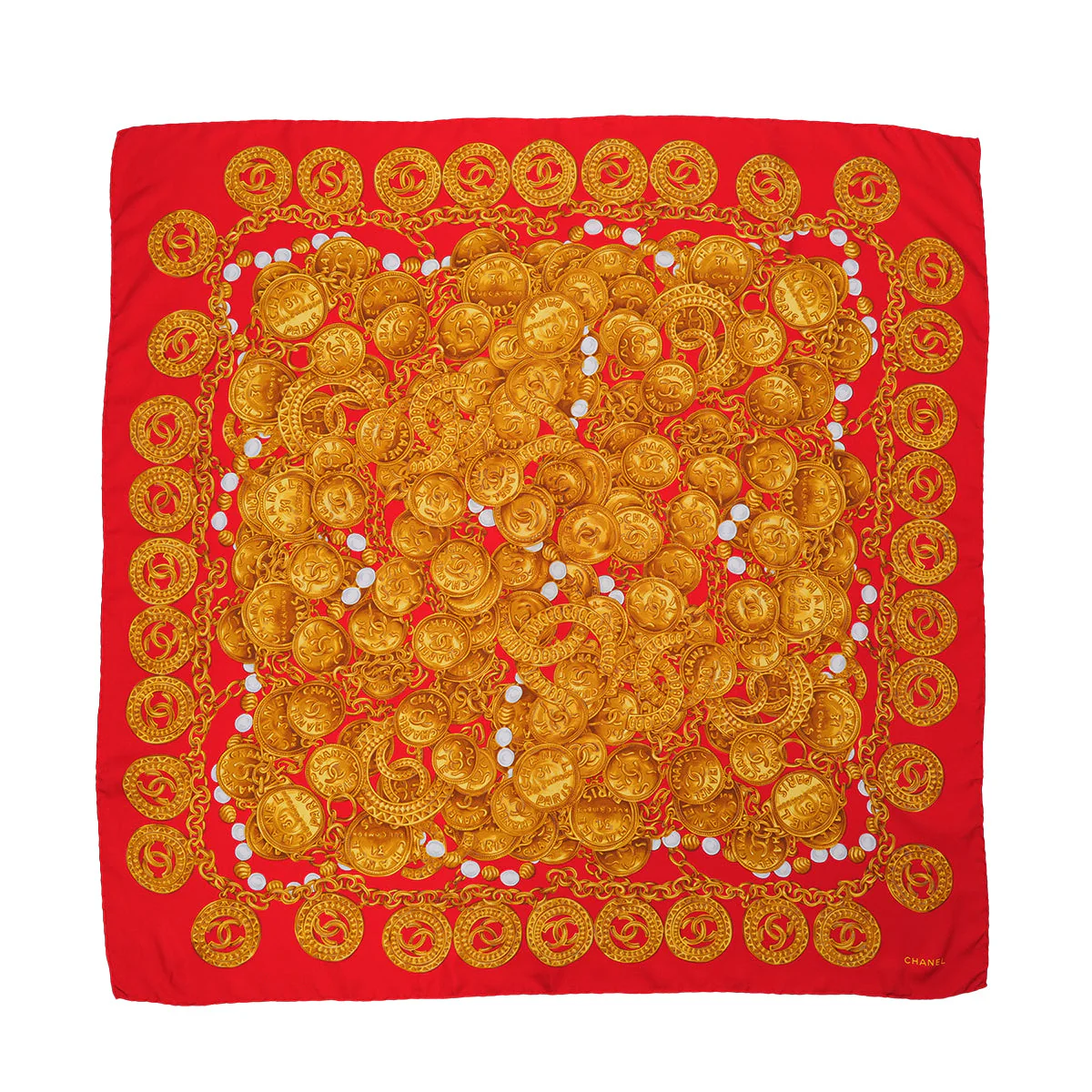 VINTAGE CHANEL COCOMARK CHAIN PATTERN SCARF RED SILK 90323164