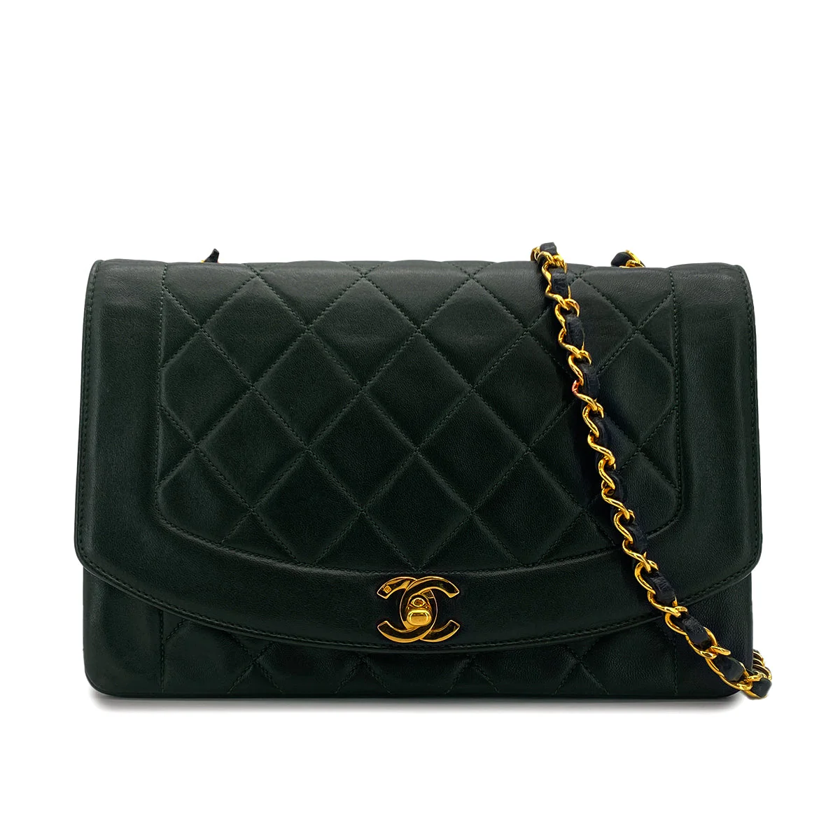 VINTAGE CHANEL DIANA MEDIUM CHAIN SHOULDER BAG DARK GREEN LAMB SKIN GOLD HARDWARE 90323198