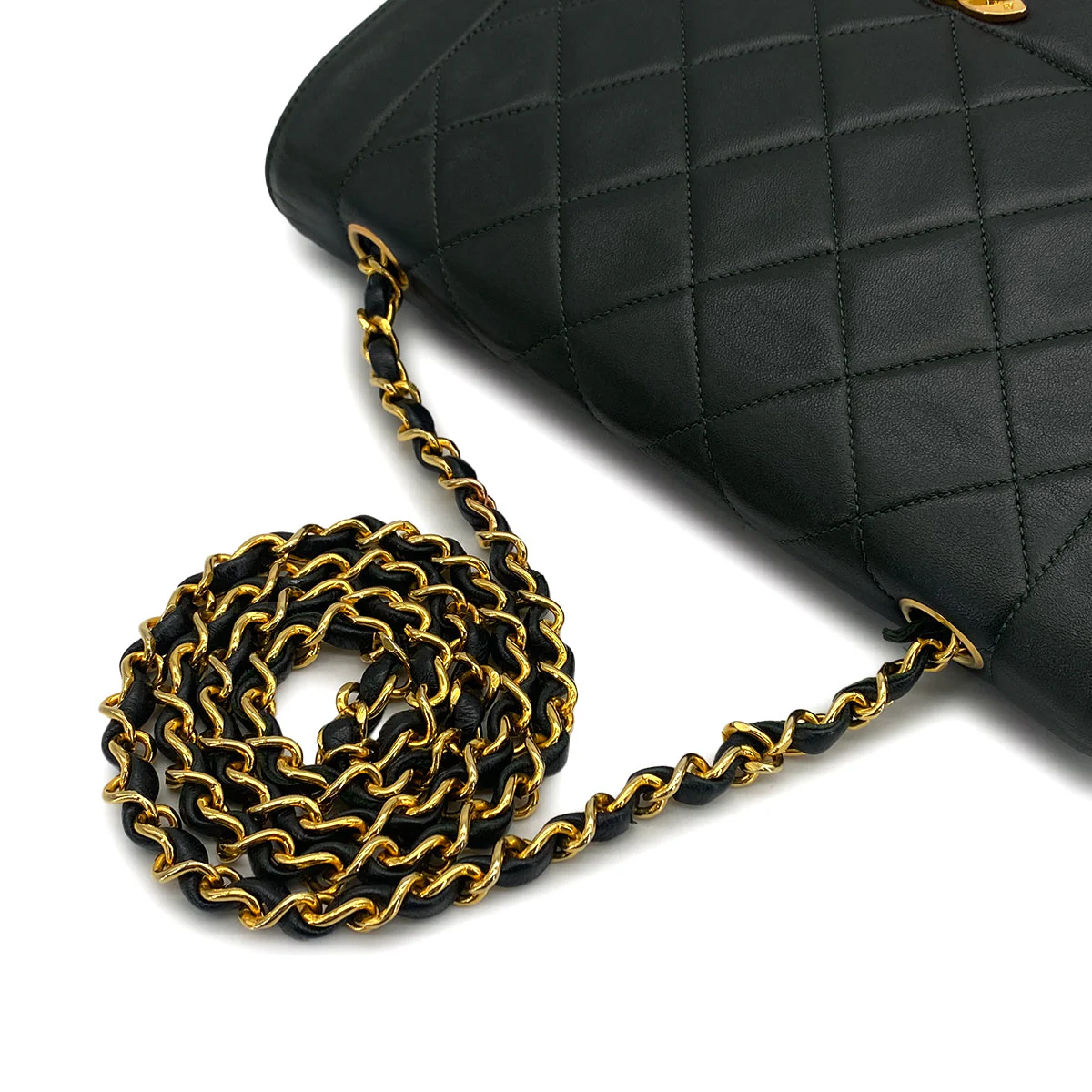 VINTAGE CHANEL DIANA MEDIUM CHAIN SHOULDER BAG DARK GREEN LAMB SKIN GOLD HARDWARE 90323198