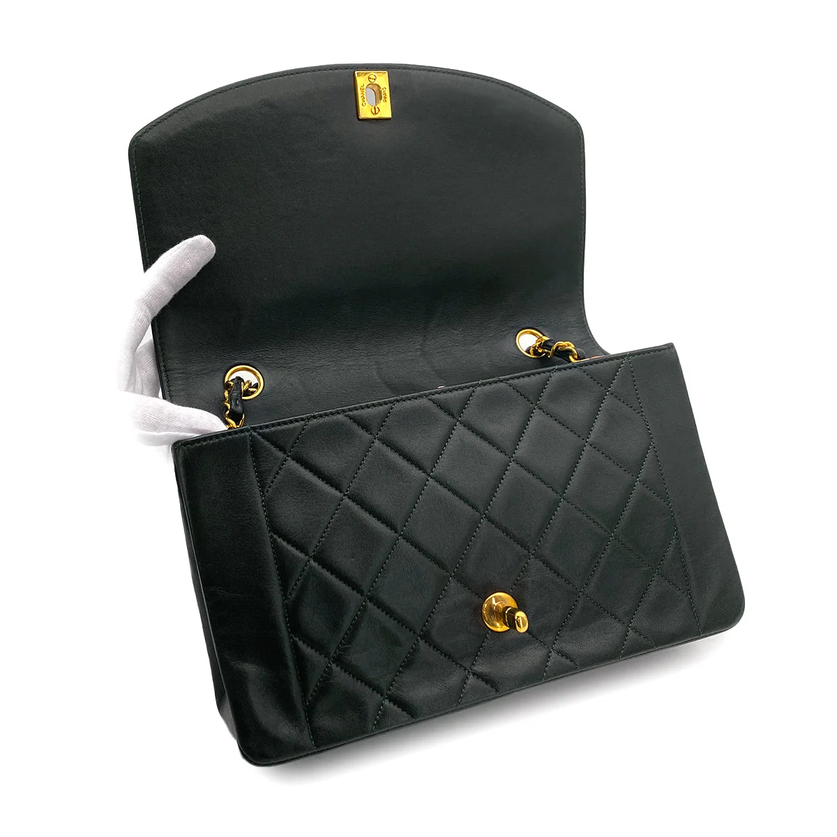 VINTAGE CHANEL DIANA MEDIUM CHAIN SHOULDER BAG DARK GREEN LAMB SKIN GOLD HARDWARE 90323198