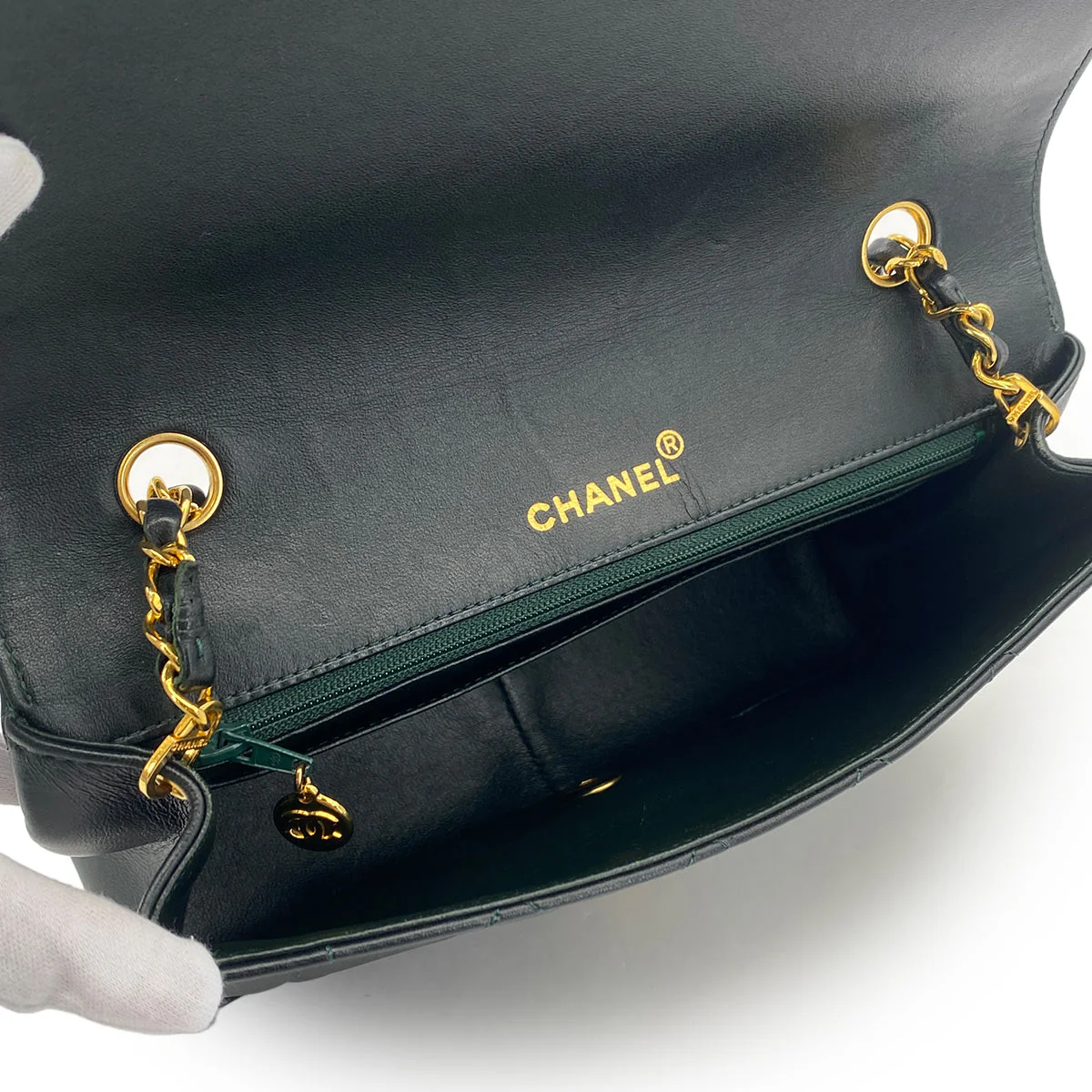 VINTAGE CHANEL DIANA MEDIUM CHAIN SHOULDER BAG DARK GREEN LAMB SKIN GOLD HARDWARE 90323198