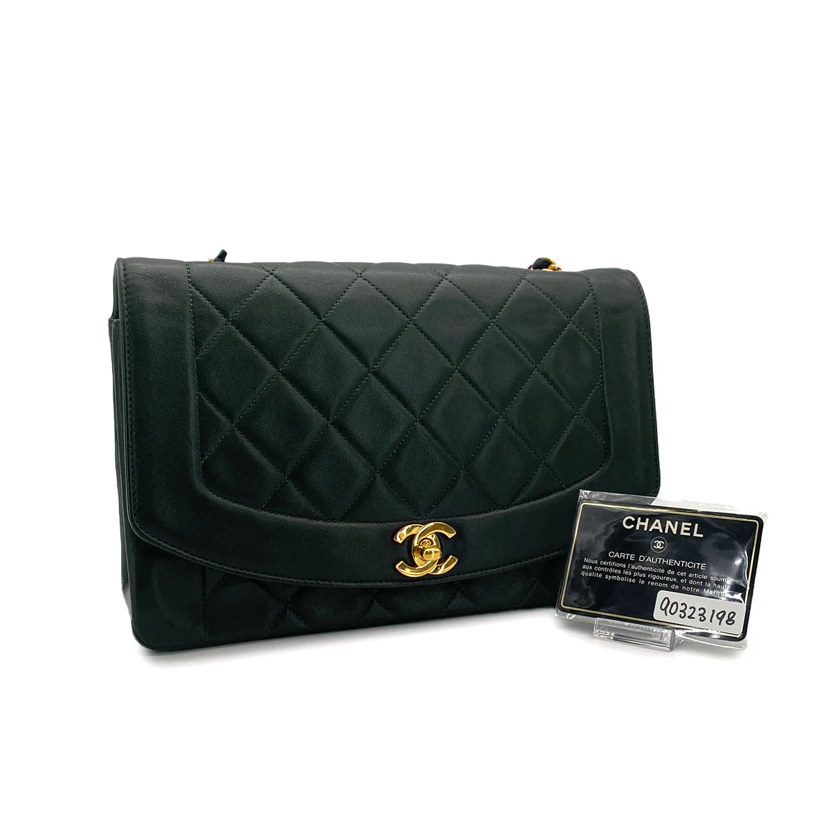 VINTAGE CHANEL DIANA MEDIUM CHAIN SHOULDER BAG DARK GREEN LAMB SKIN GOLD HARDWARE 90323198