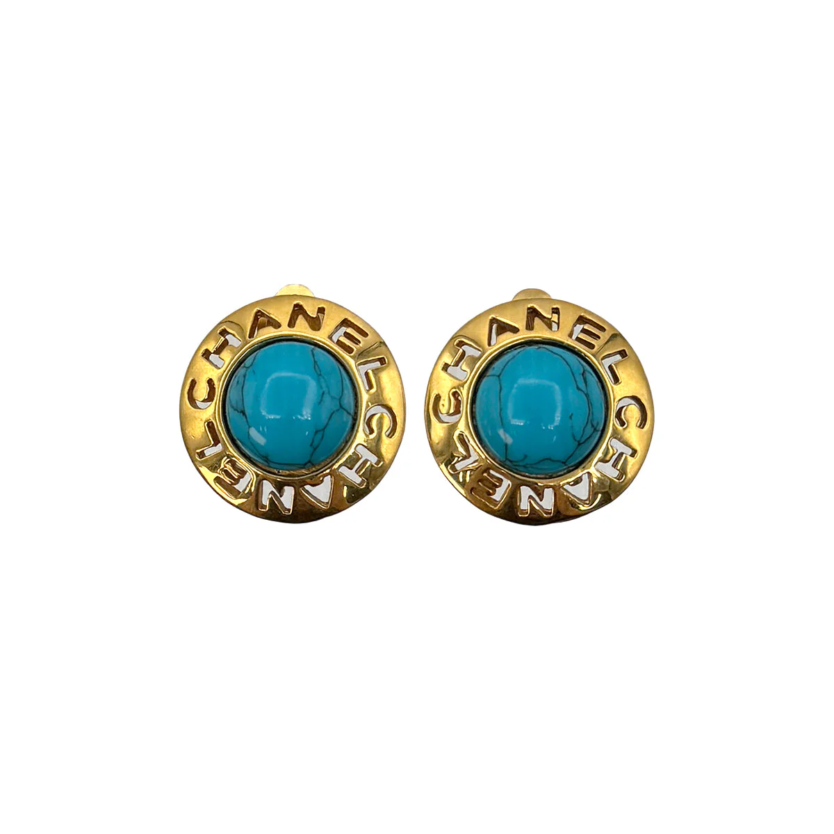 VINTAGE CHANEL EARRINGS LOGO TURQUOISE BLUE GOLD ACCESSORY 90323116