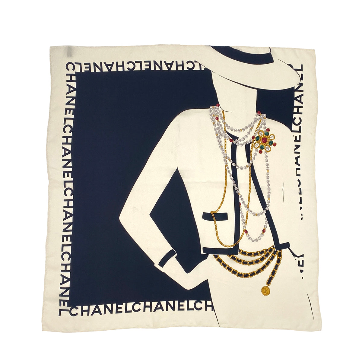 VINTAGE CHANEL MADEMOISELLE GRIPOA PATTERN SCARF BLACK WHITE MULTICOLOR SILK 90321772