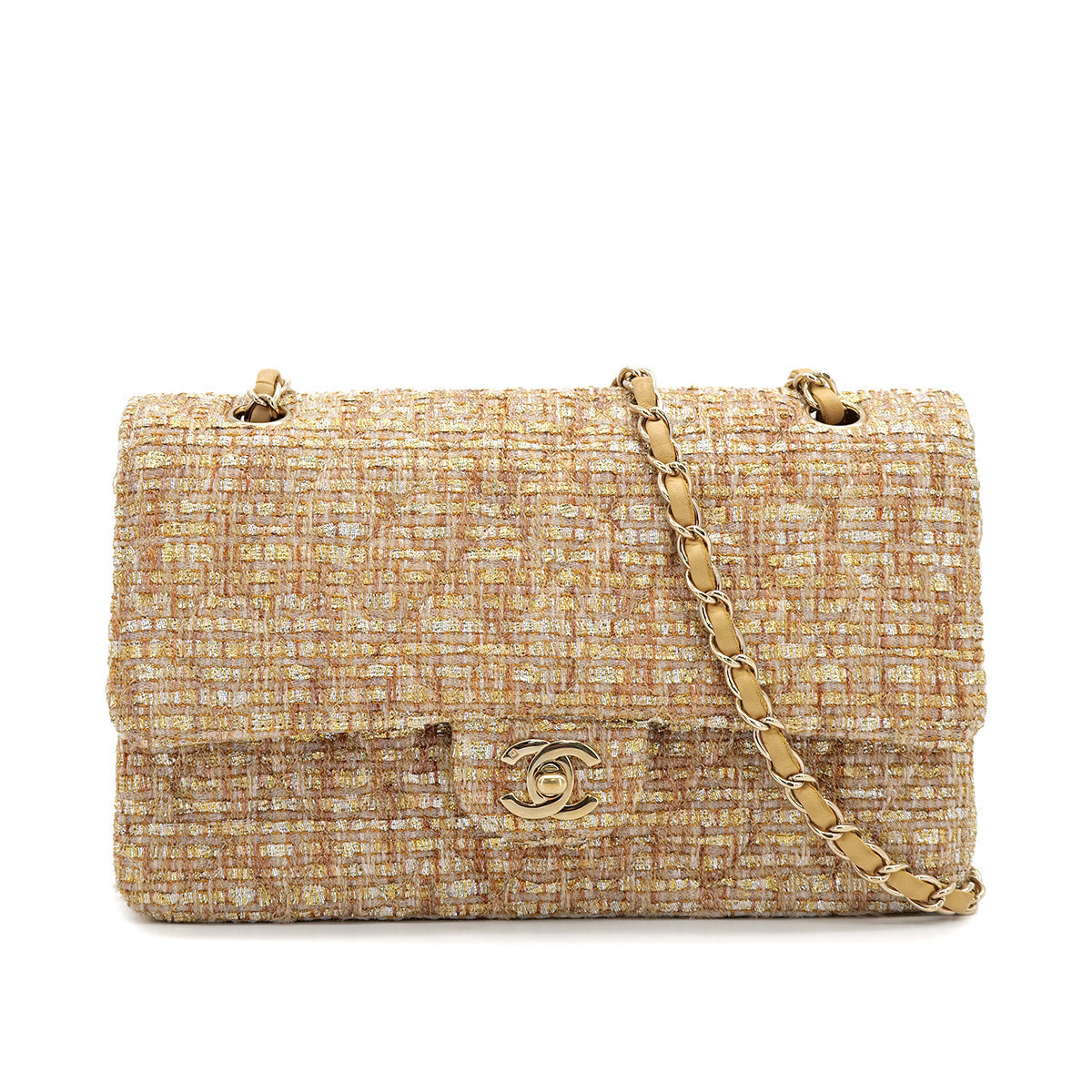 VINTAGE CHANEL MATELASSE CHAIN SHOULDER BAG GOLD YELLOW TWEED GOLD HARDWARE 90322175