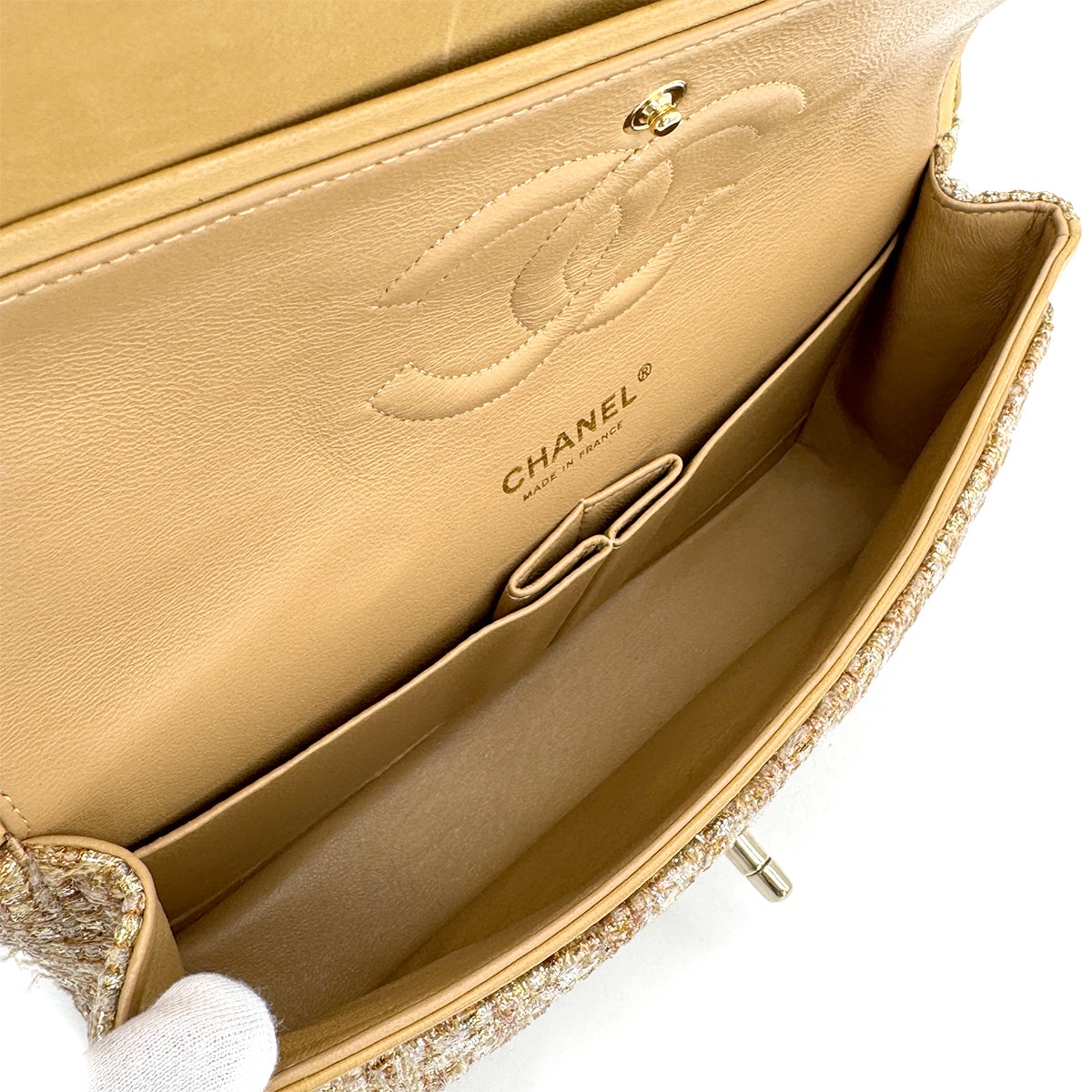 VINTAGE CHANEL MATELASSE CHAIN SHOULDER BAG GOLD YELLOW TWEED GOLD HARDWARE 90322175