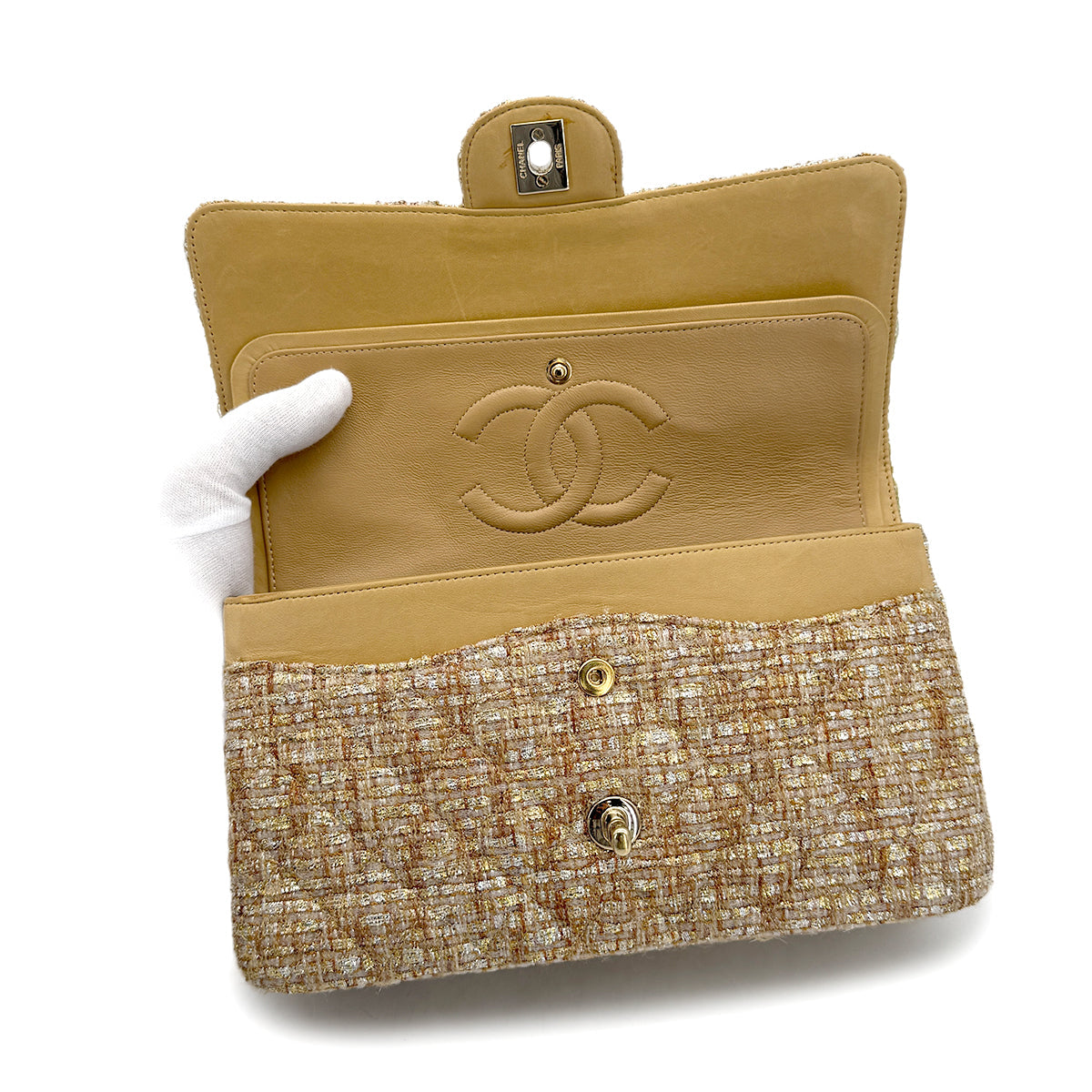 VINTAGE CHANEL MATELASSE CHAIN SHOULDER BAG GOLD YELLOW TWEED GOLD HARDWARE 90322175