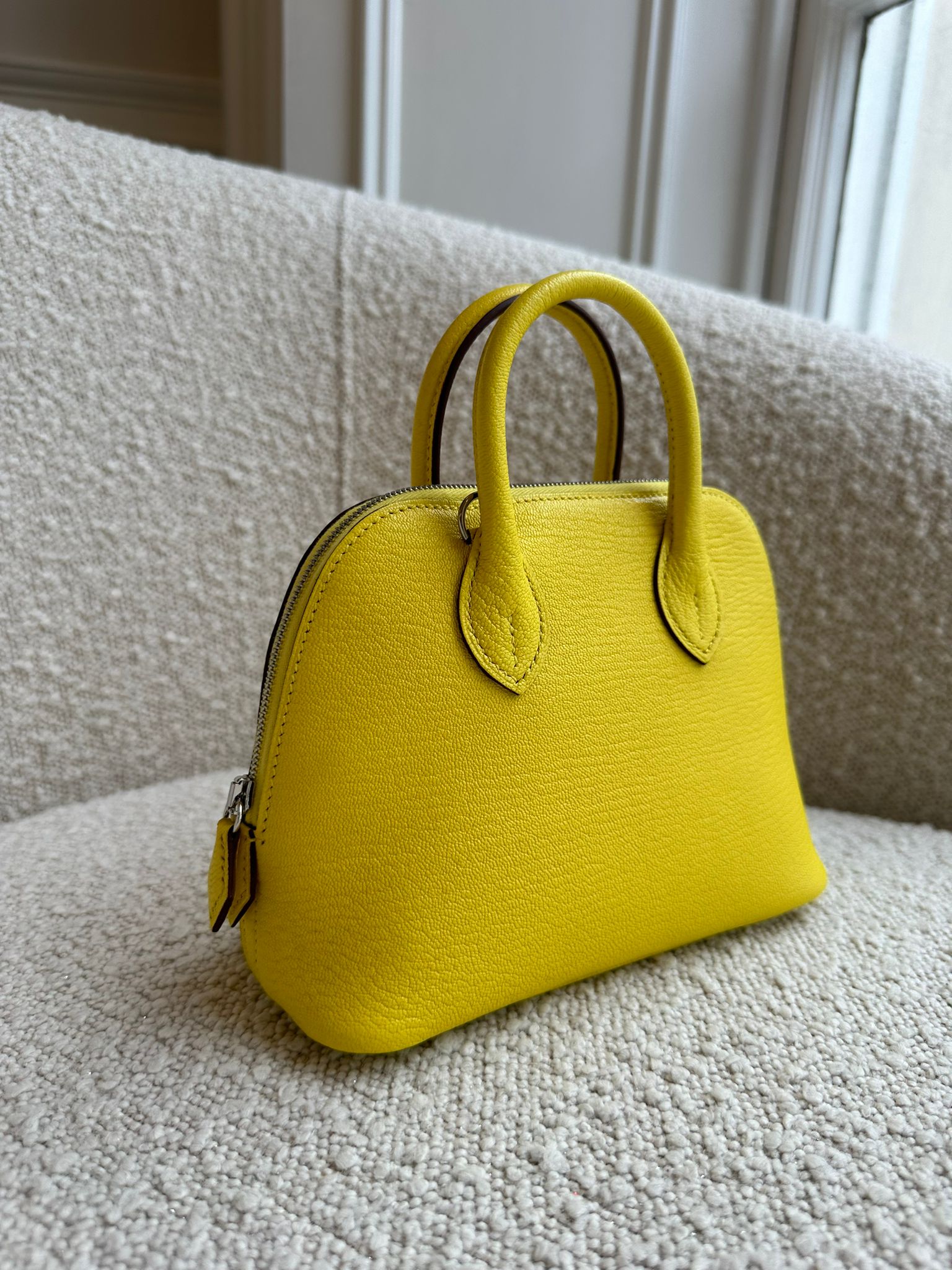 HERMÈS MINI BOLIDE 1923 19CM JAUNE CITRON Chevre Leather with Palladium Hardware