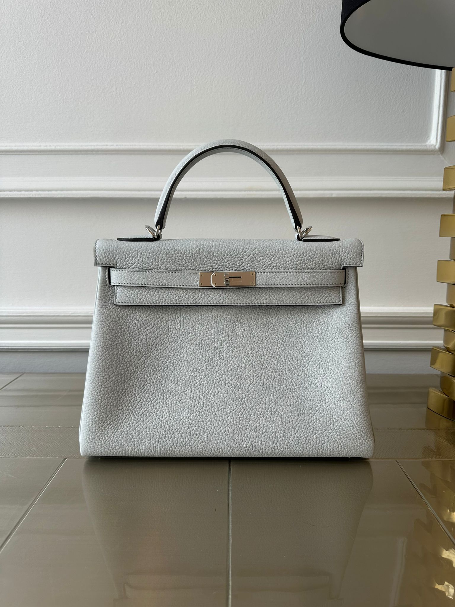 HERMÈS KELLY 32CM BLUE PALE Clemence Leather with Palladium Hardware