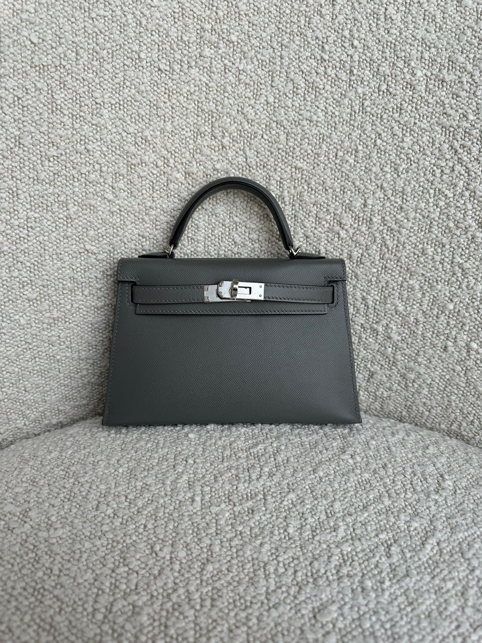 HERMÈS MINI KELLY II 20CM GRIS MEYER Madame Leather with Palladium Hardware