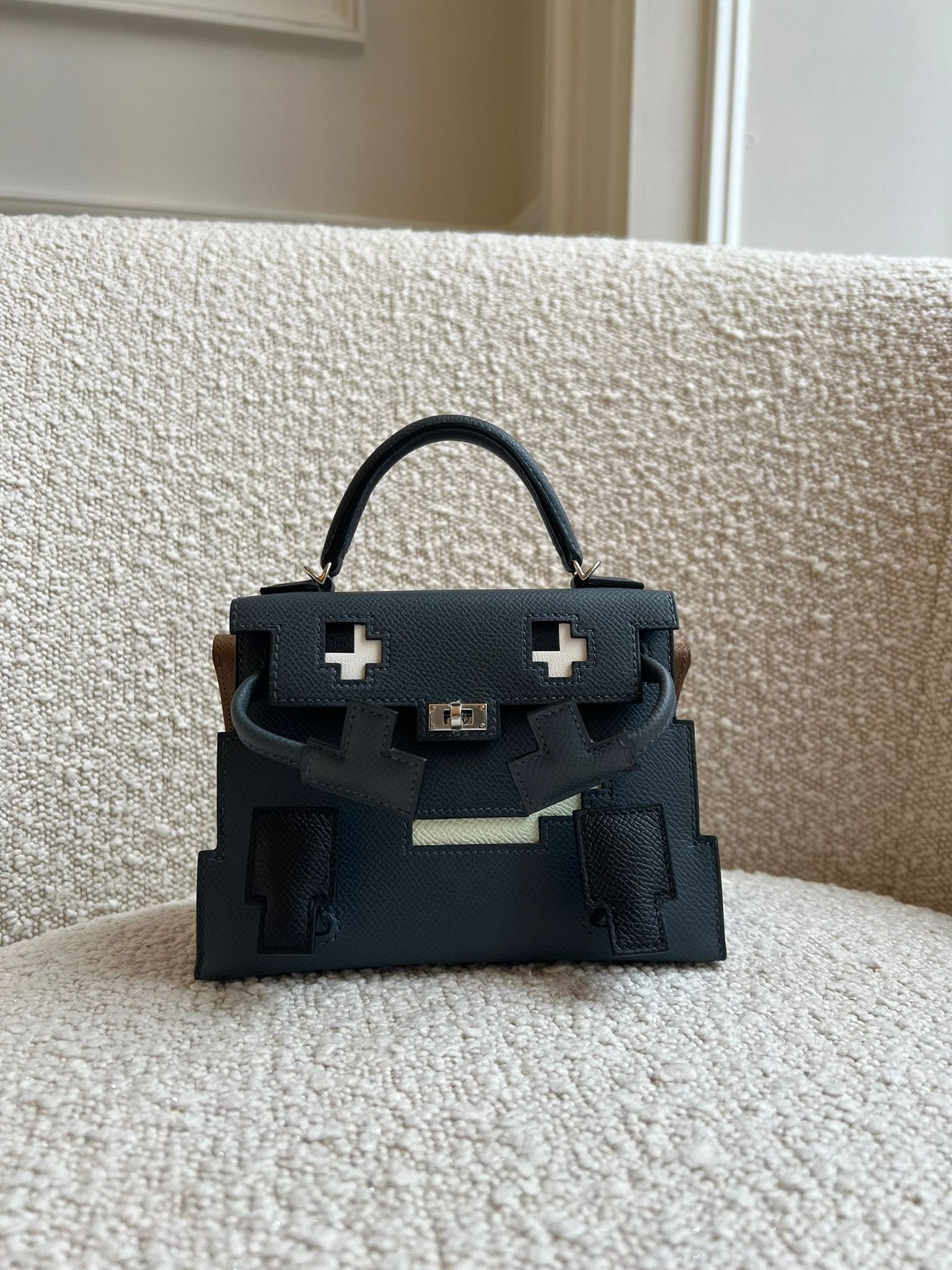 HERMÈS KELLY DOLL PICTO GRIS MISTY, BLACK, VERT FIZZ & ALEZAN Epsom Leather with Palladium Hardware