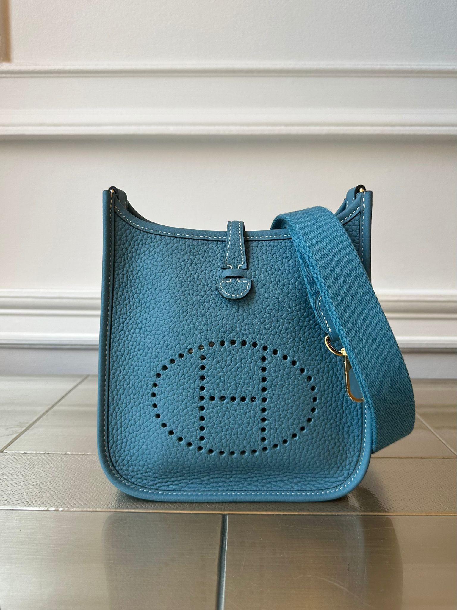 HERMÈS MINI EVELYNE TPM BLUE JEAN Clemence Leather with Gold Hardware