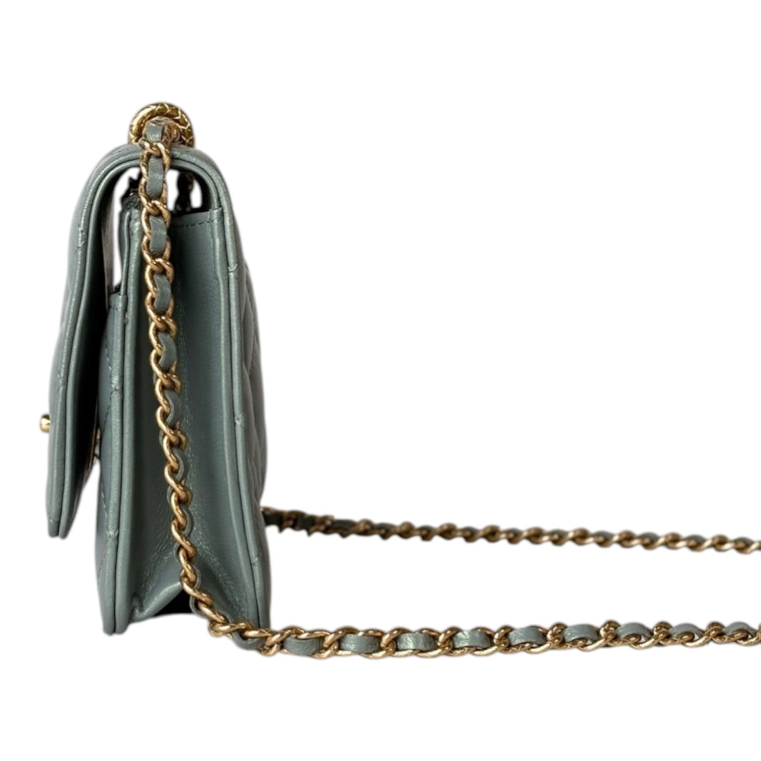 Chanel Pearl Light Green Quilted Leather Wallet on Chain