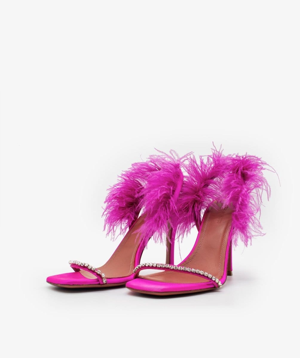 Amina Muaddi Pink Satin Feather Diamante Sandals - AGL1563